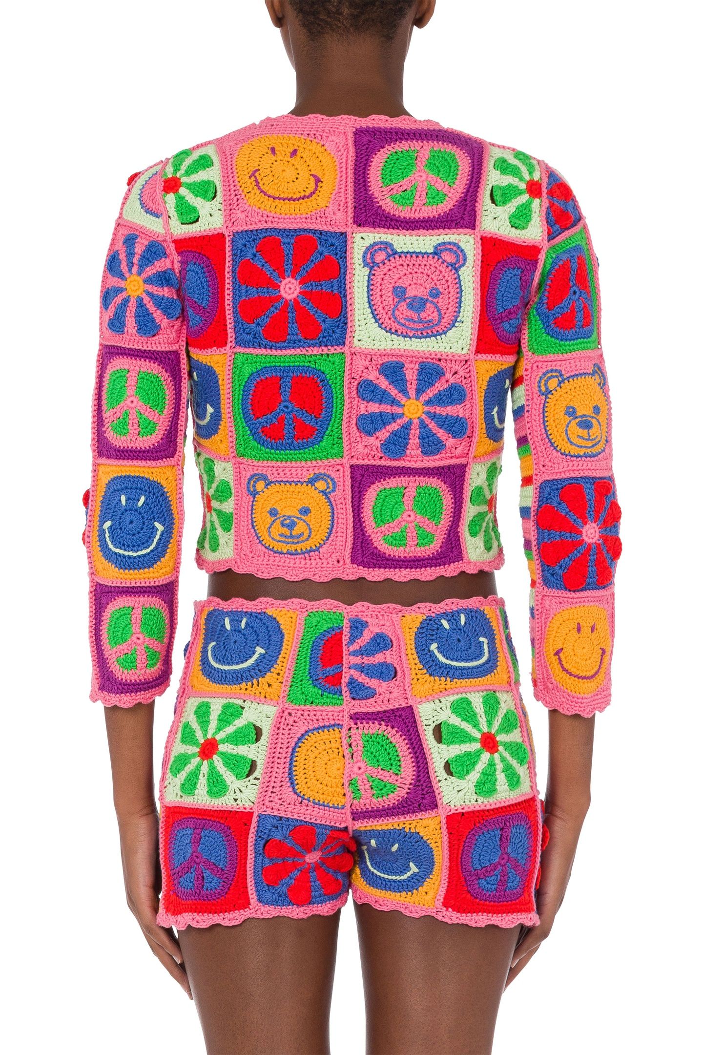CARDIGAN CROPPED IN CROCHET MOSCHINO SYMBOLS PINK 2