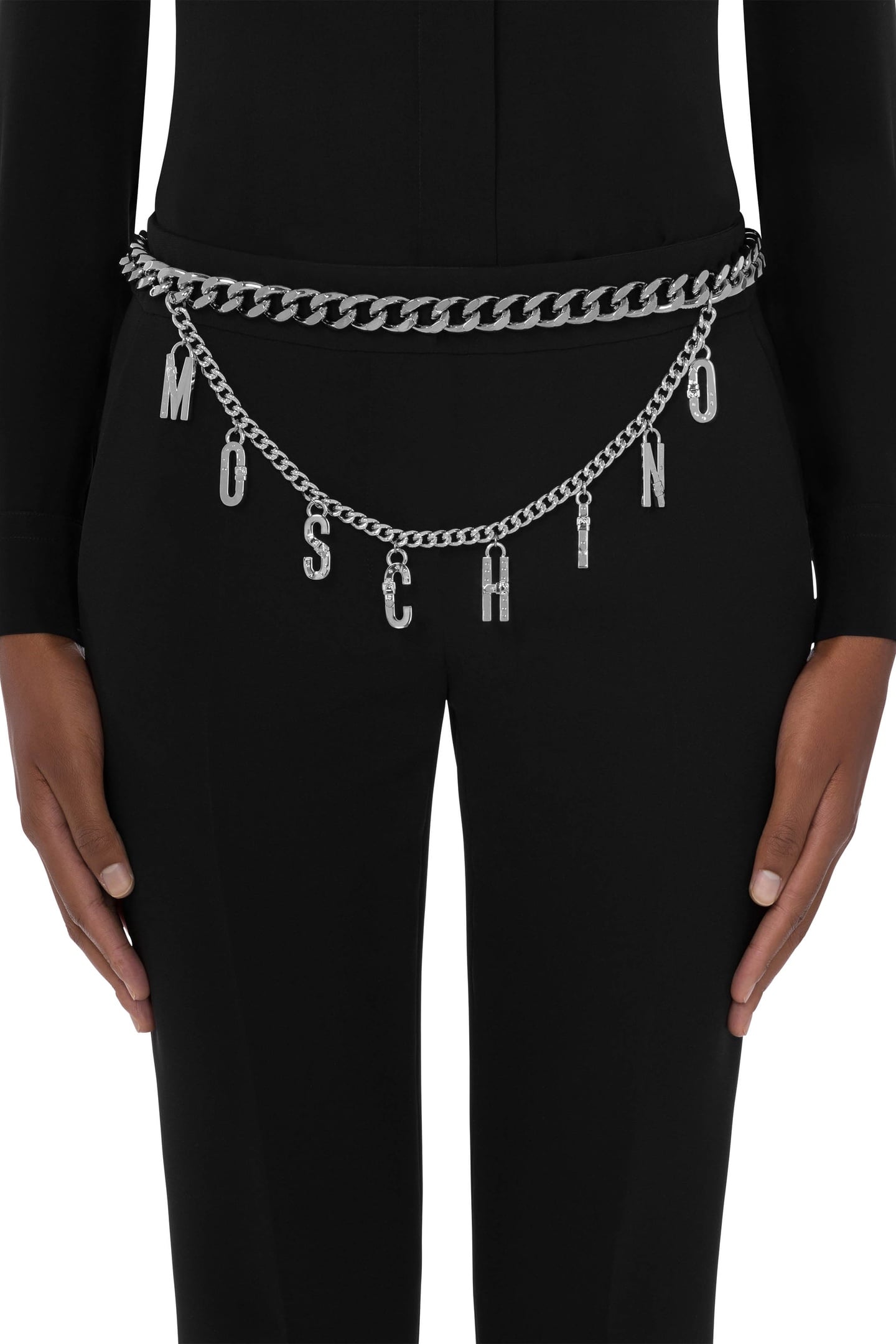 MOSCHINO BUCKLE LETTERING BELT SILVER 1