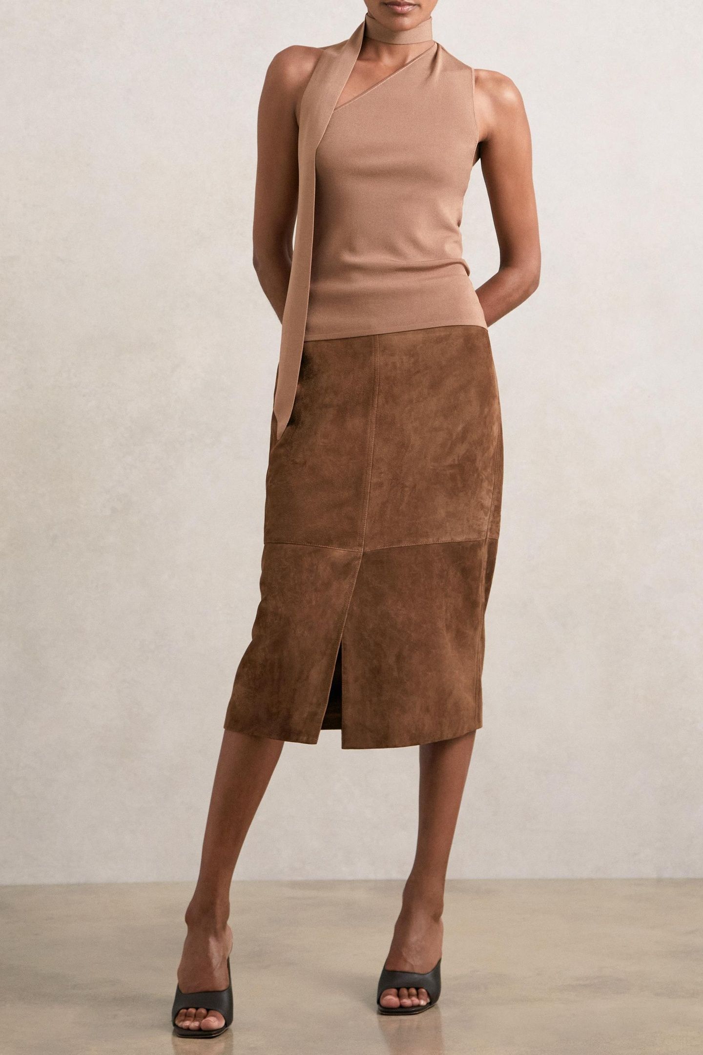 SUEDE MIDI SKIRT TAN BROWN 1