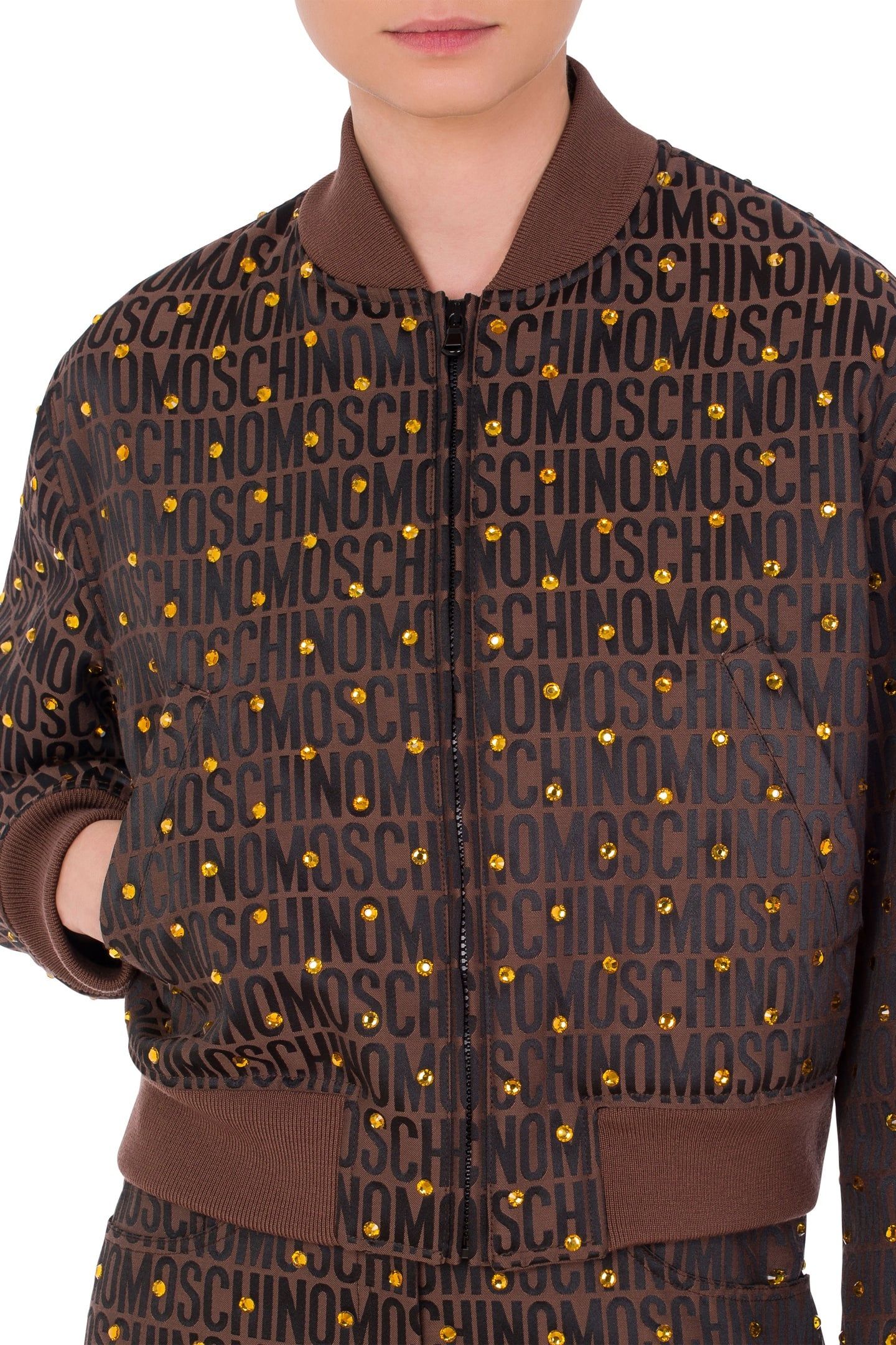 NYLON BOMBER JACKET WITH RHINESTONES ALLOVER LOGO BROWN 4