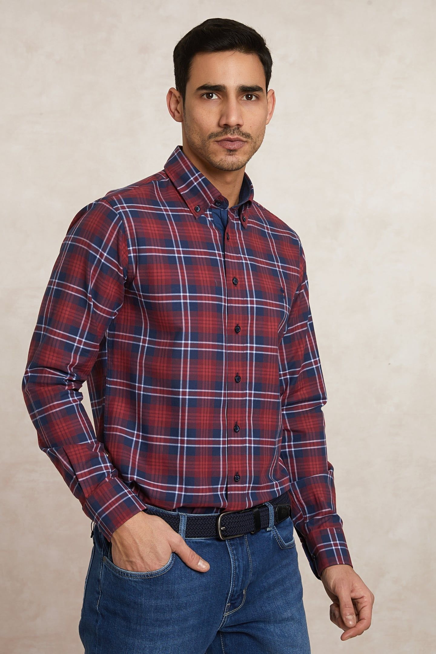 CUSTOM FIT COTTON CHECKED SHIRT BLUE/RED 3