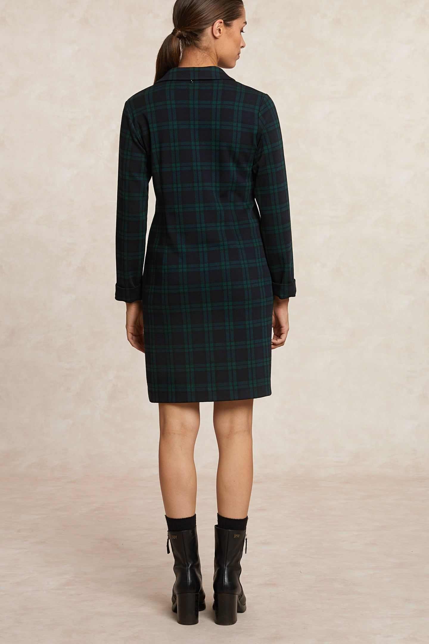 SHORT CHECKED V-NECK DRESS LONG SLEEVES KHAKI MULTI 2