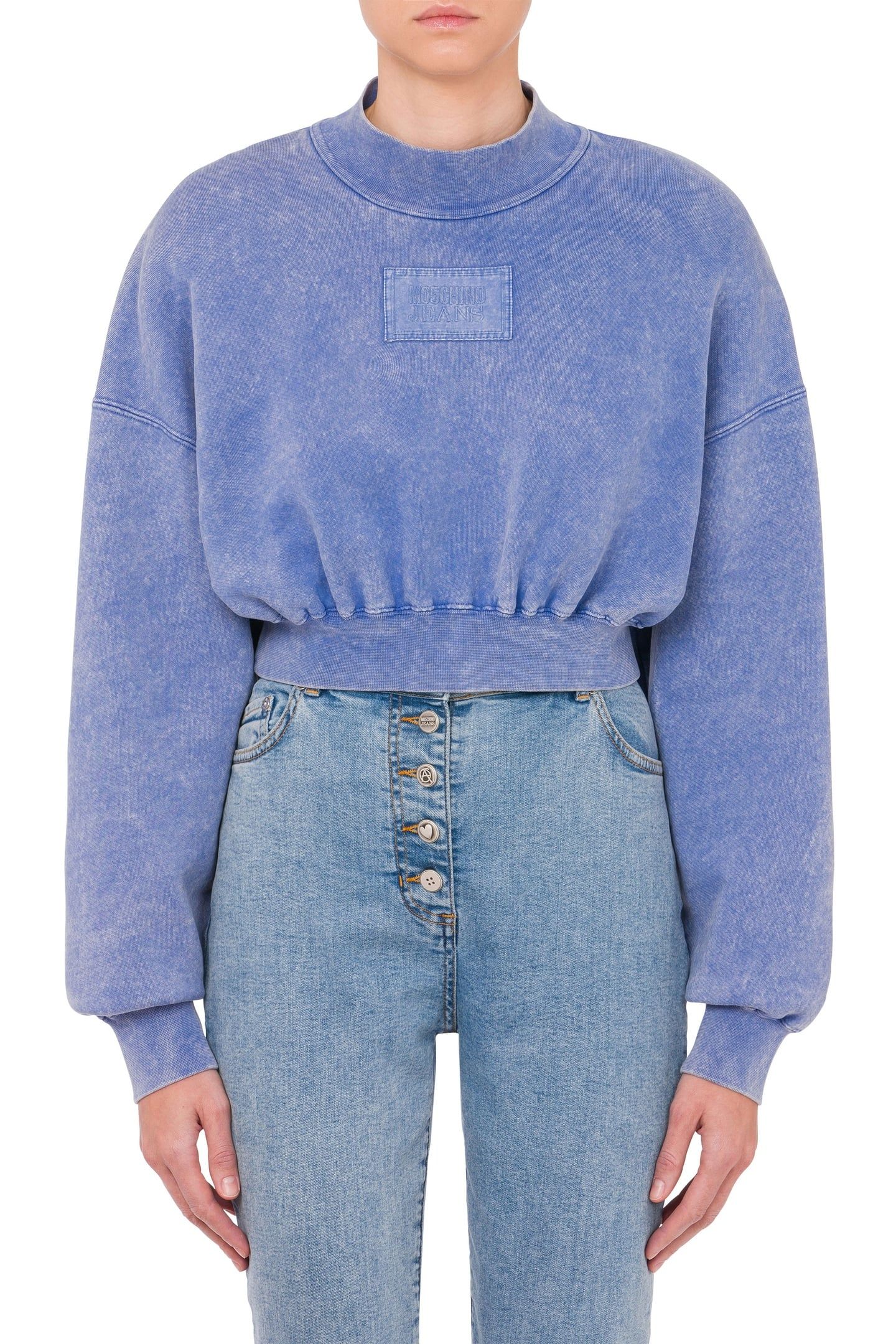 CROPPED COTTON SWEATSHIRT LOGO PATCH BLUE 1