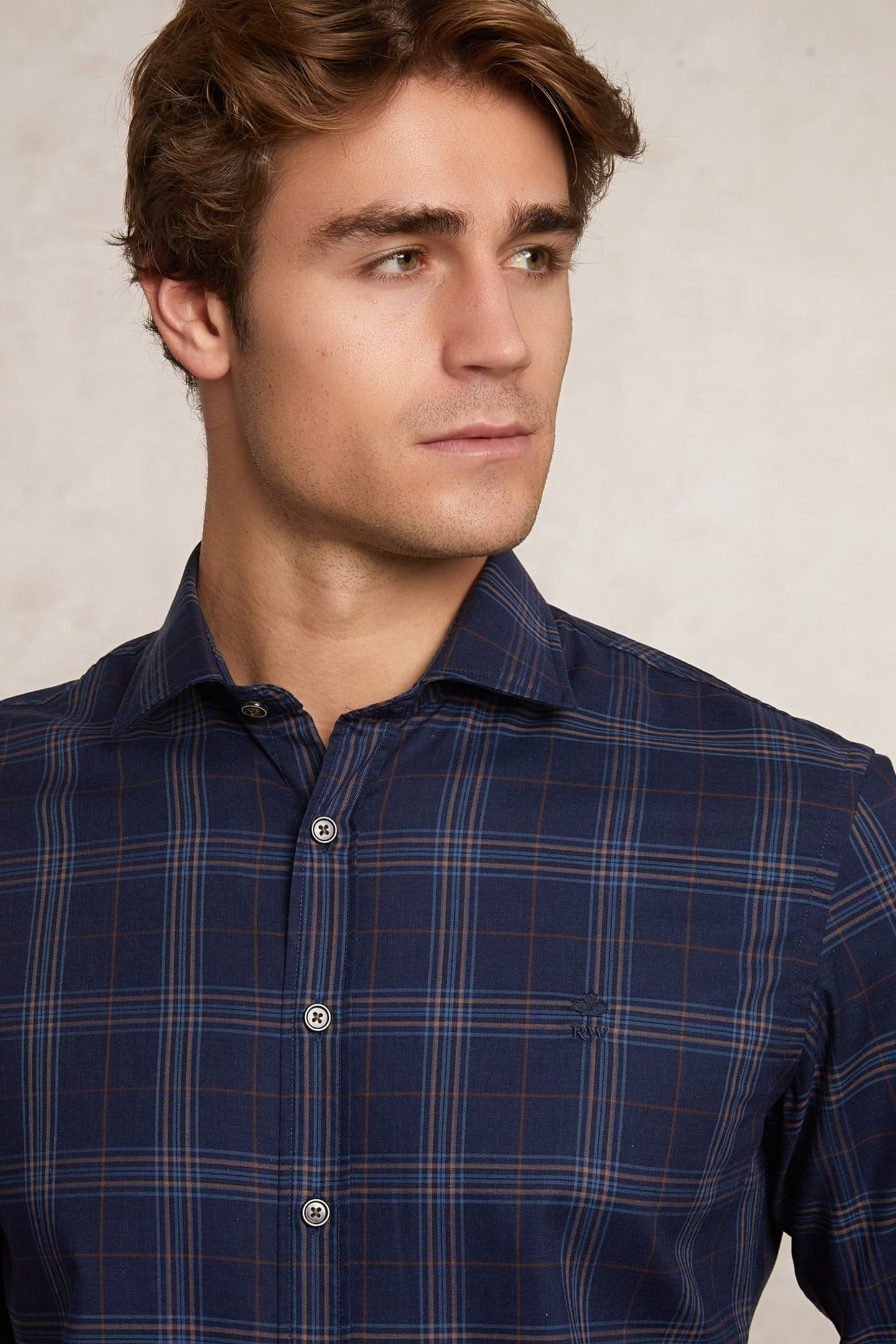 SLIM FIT COTTON CHECKED SHIRT BLUE/BROWN MULTI 4