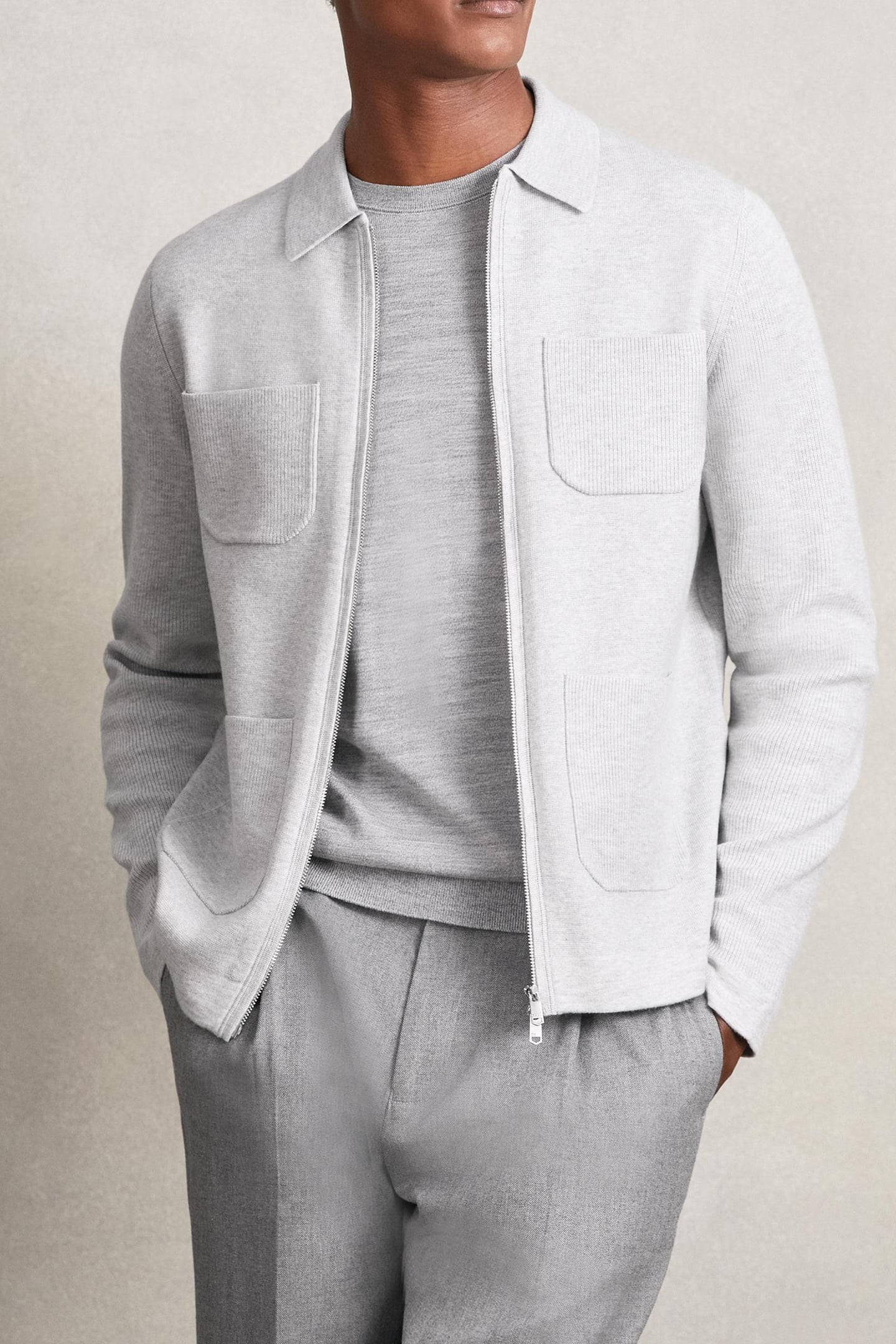 LS ZIP THROUGH RIBBED FOUR POCKET SHIRT SOFT GREY 1