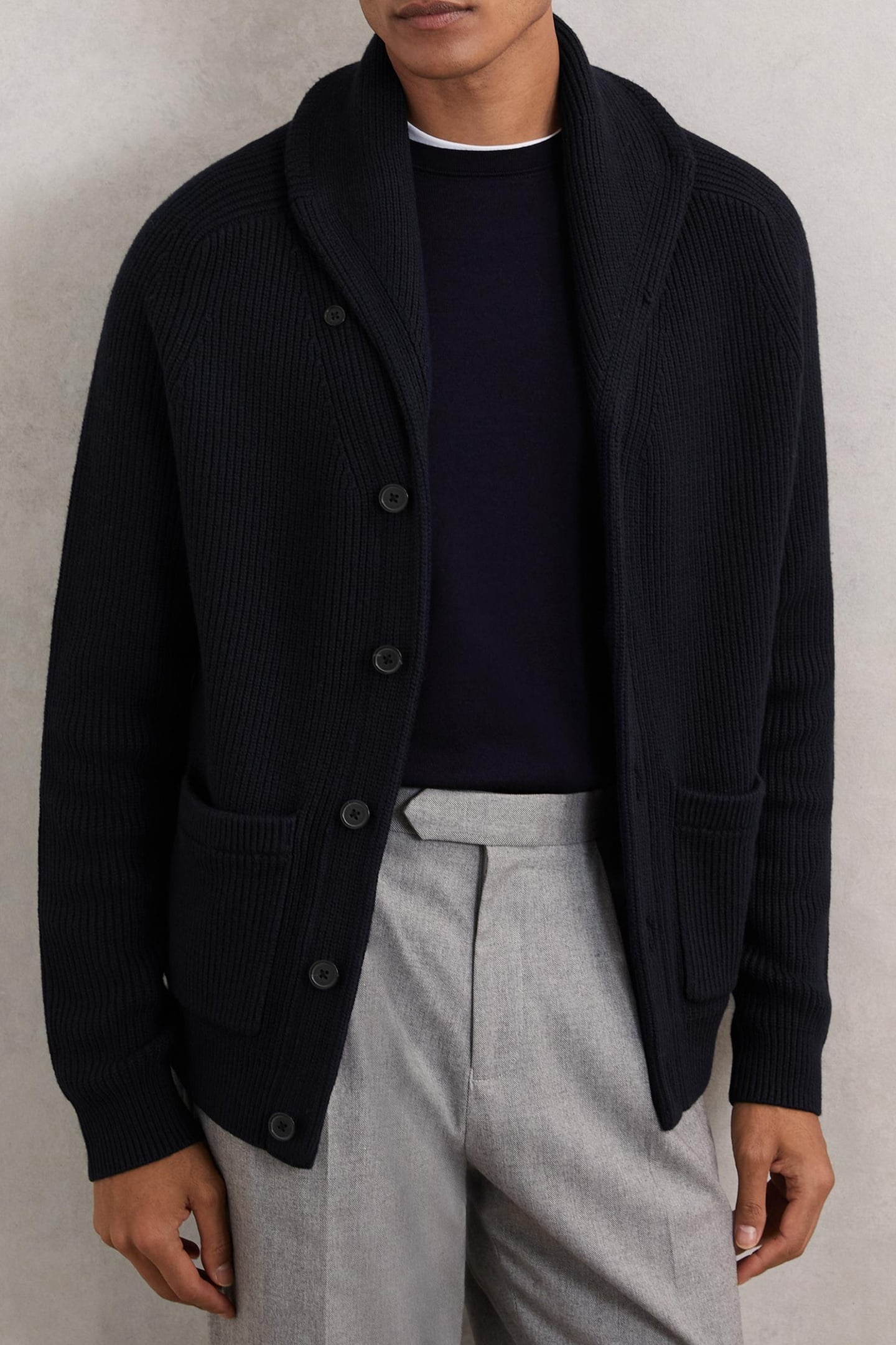 LS SHAWL COLLAR RIBBED CARDIGAN NAVY 2