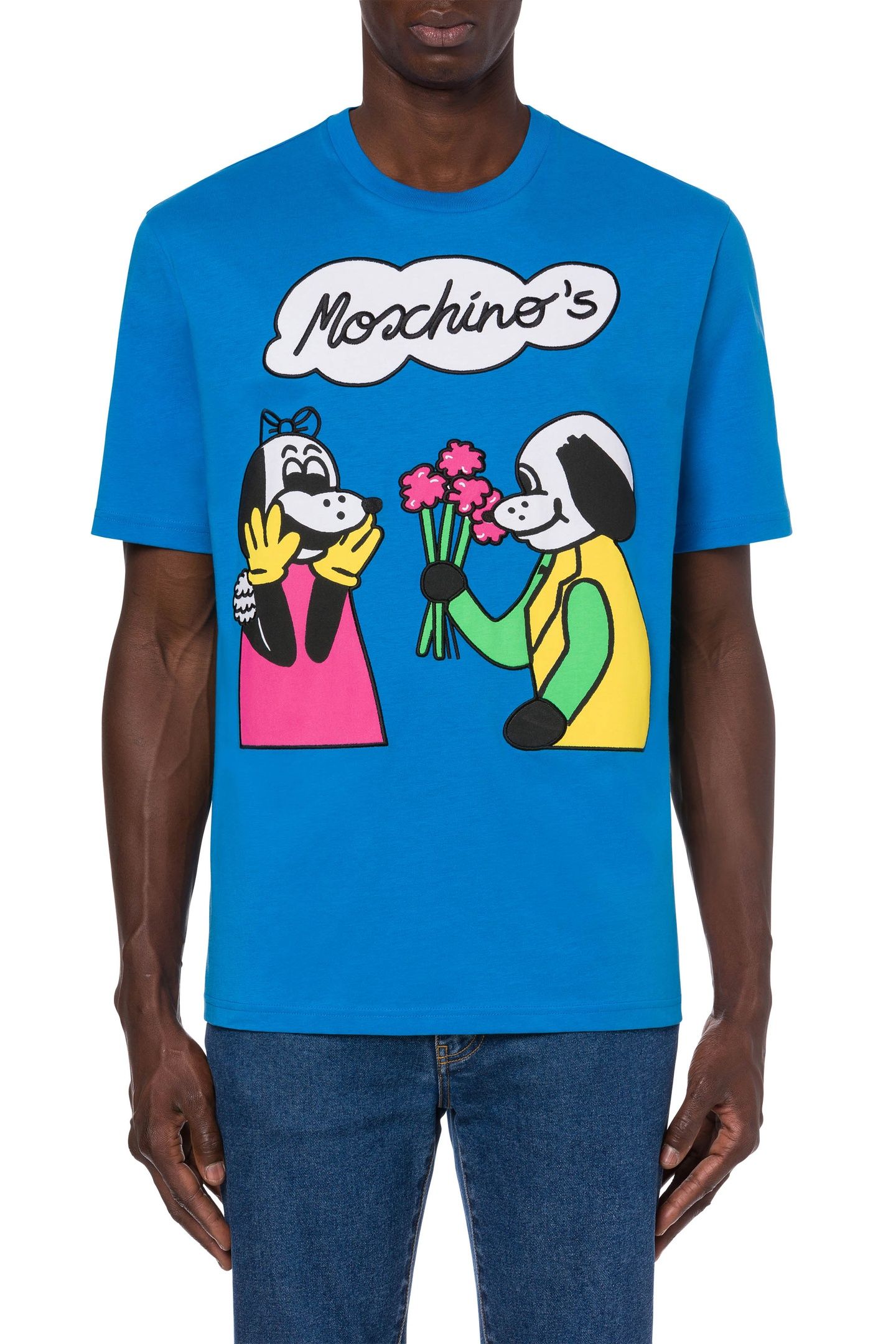 MOSCHINO COMICS CHARACTERS ORGANIC JERSEY T-SHIRT BLUE 1