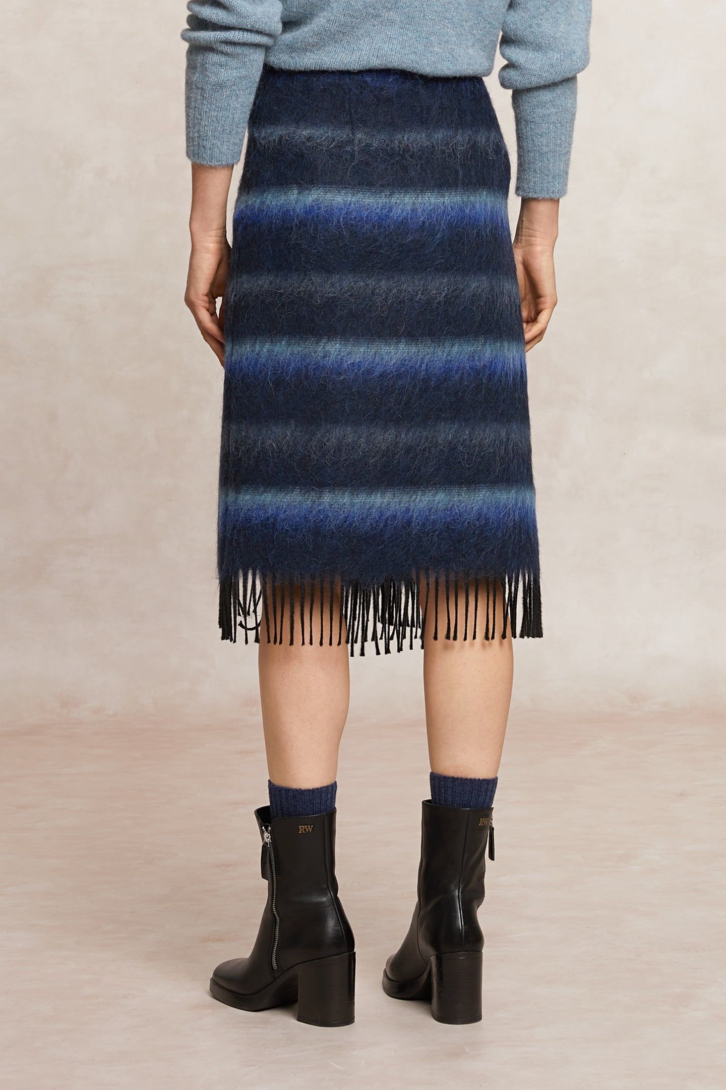 STRIPED WOOLEN RUFFLE PORTEFEUILLE SKIRT BLUE 2