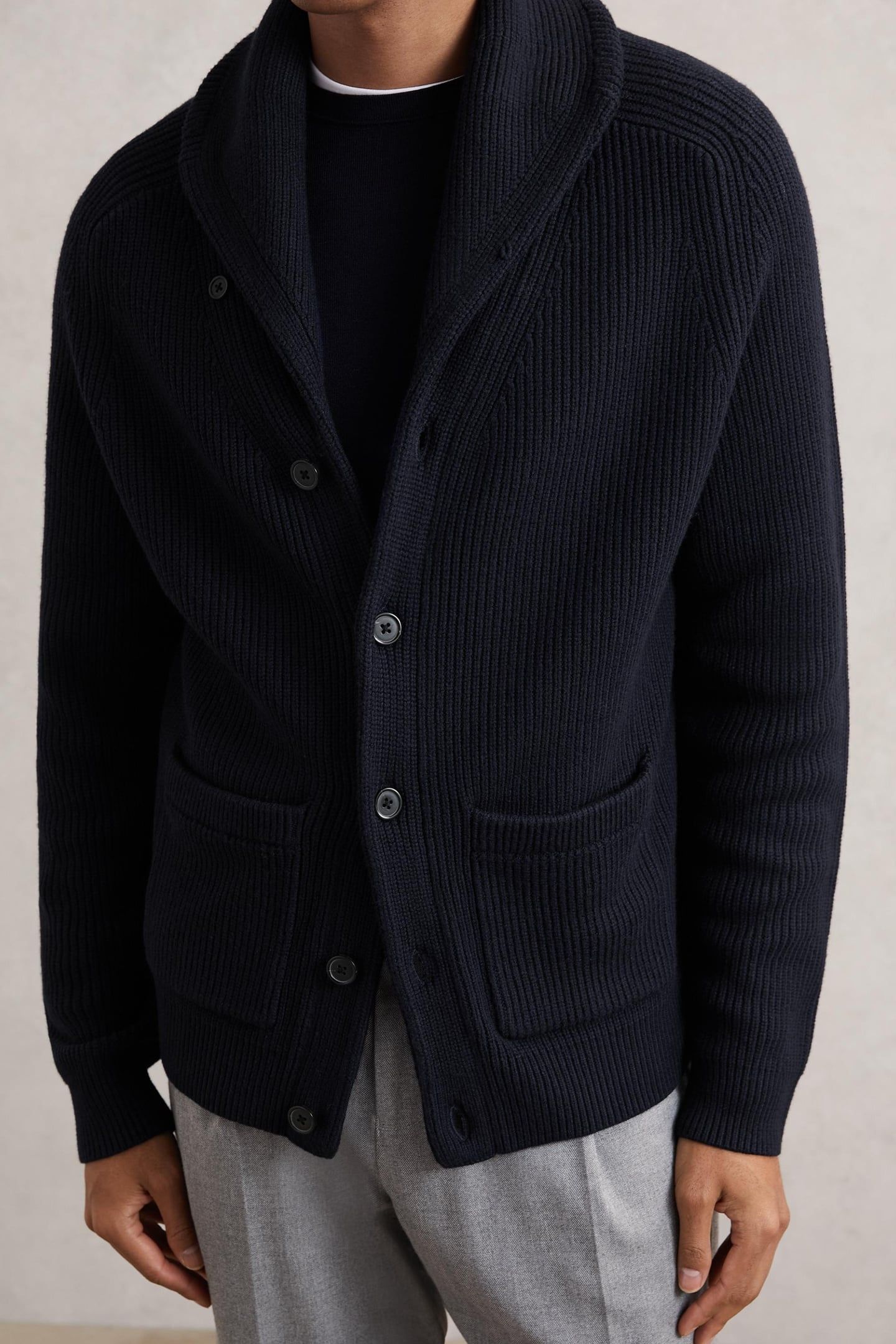 LS SHAWL COLLAR RIBBED CARDIGAN NAVY 1