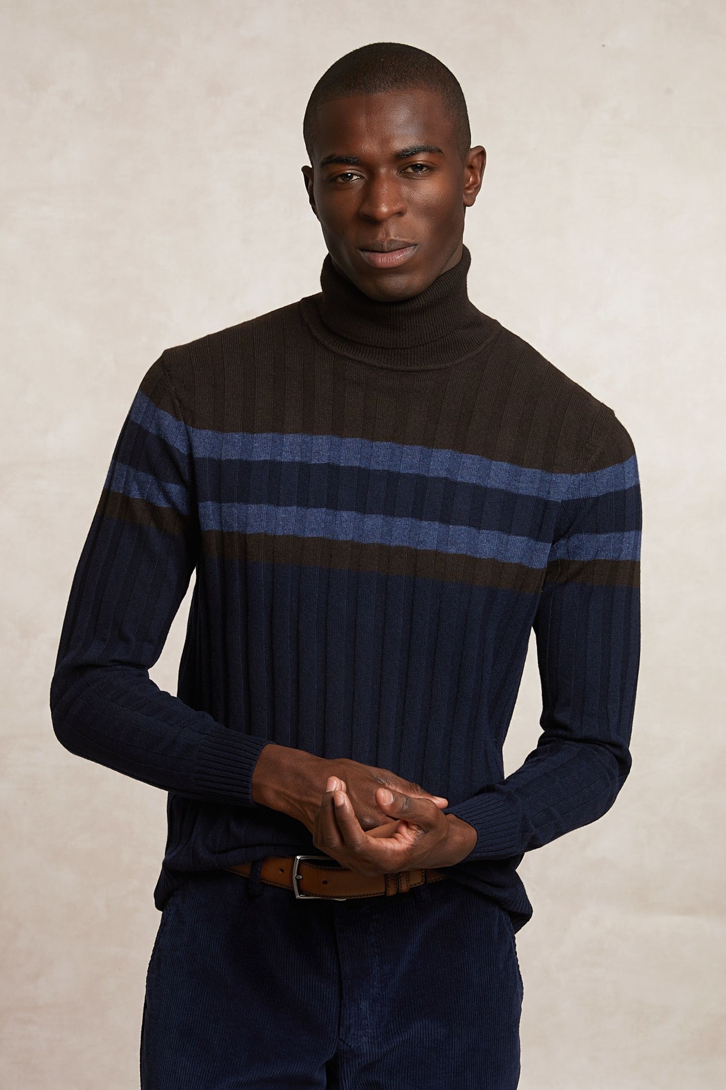 CUSTOM FIT RIBBED WOOL-CASHMERE ROLL NECK SWEATER NAVY/GANAC 3