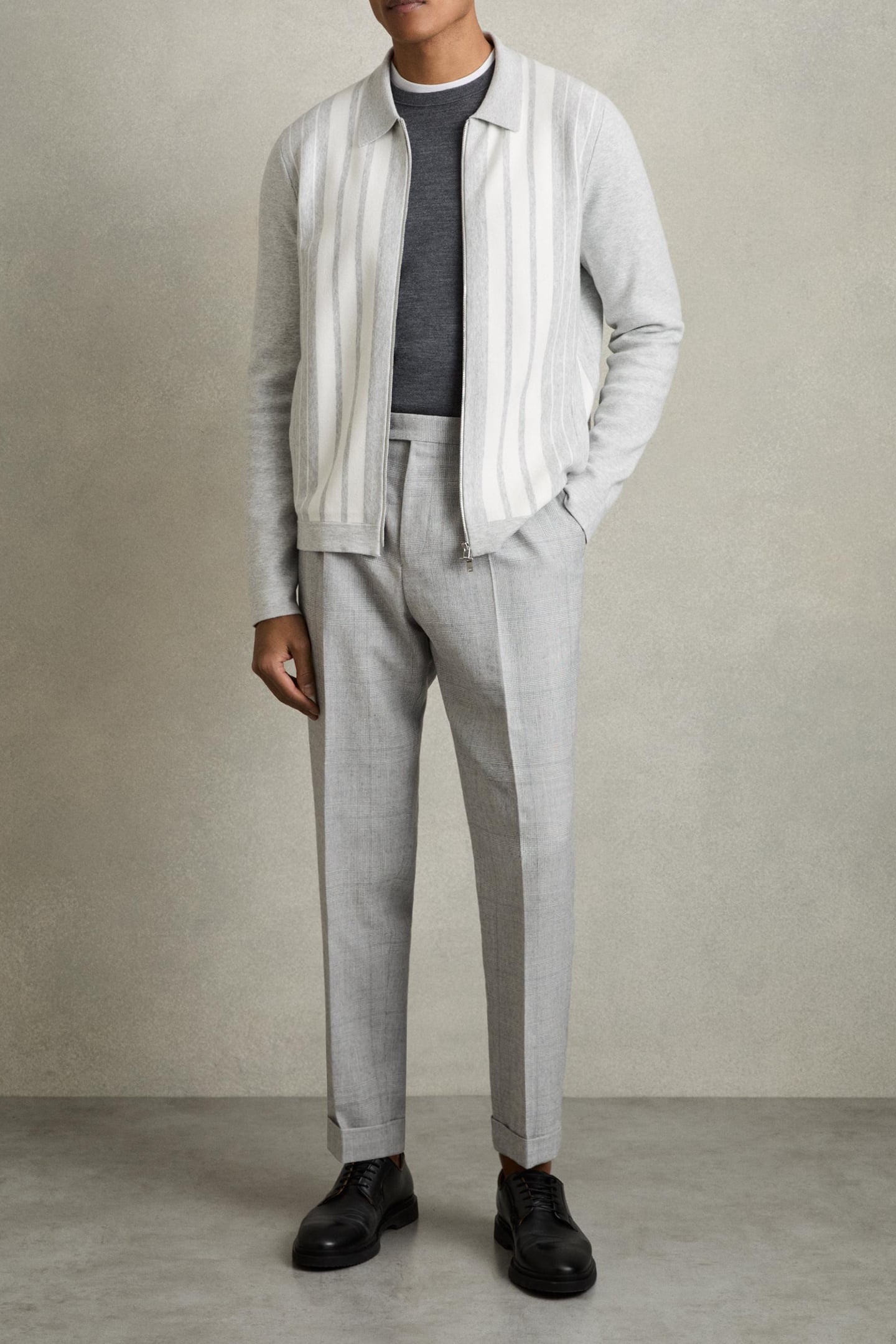 LS ZIP THROUGH STRIPE KNITTED JACKET GREY MELANGE/WHITE 3