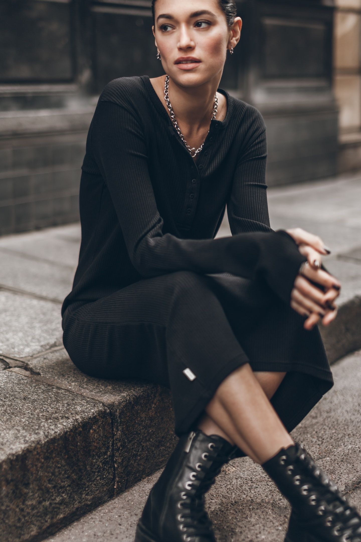 THE BLACK BUTTONED RIBBED DRESS BLACK 2