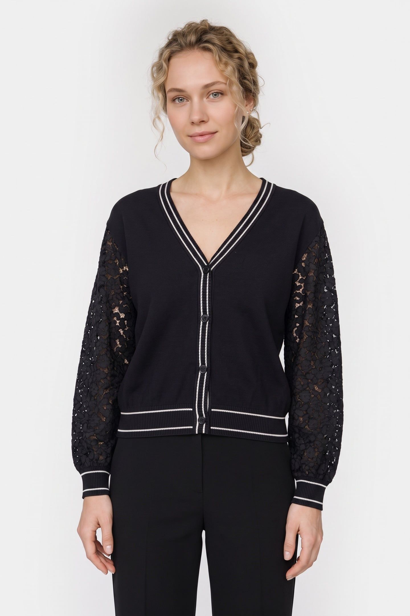STRETCH CARDIGAN WITH LACE SLEEVES BLACK 1