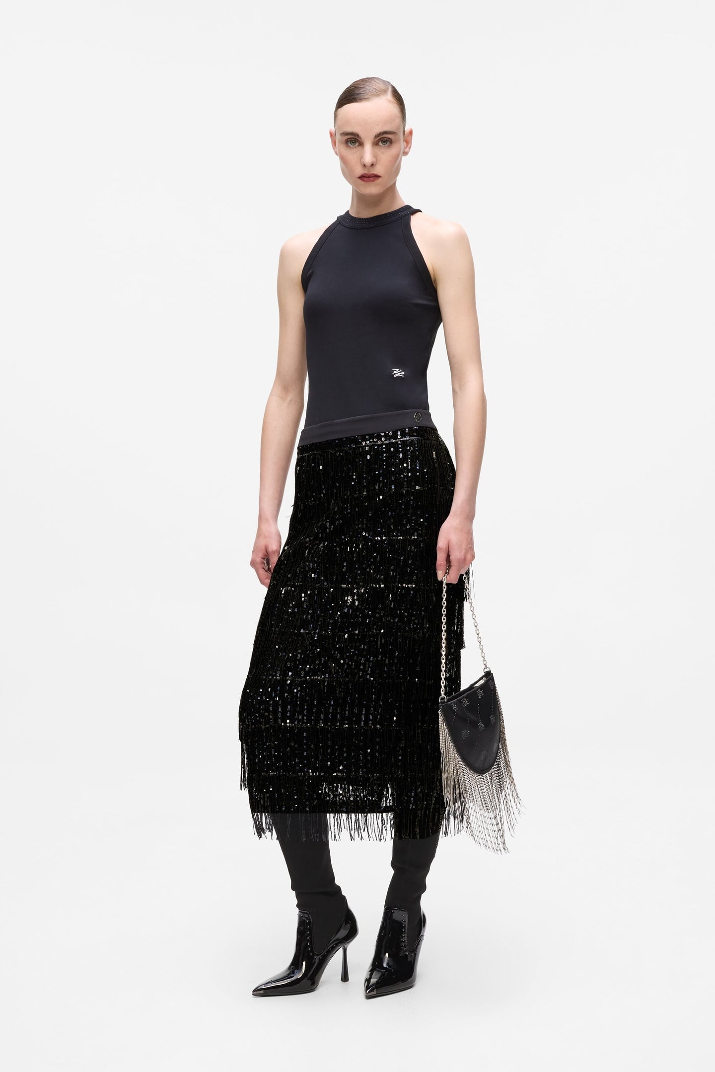 SEQUINS FRINGE SKIRT BLACK 1