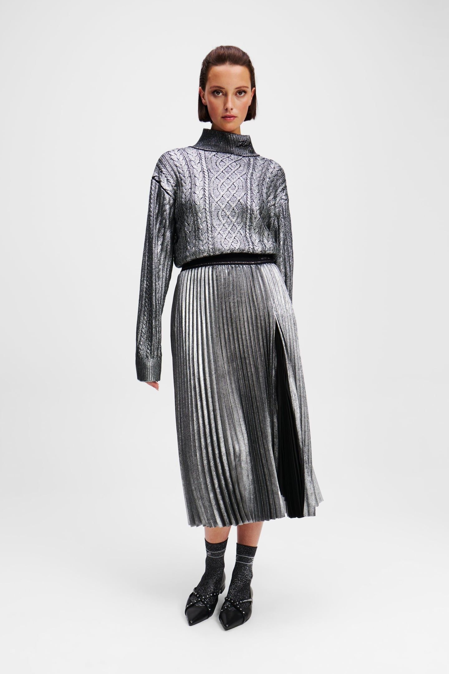 FOIL PLEATED SKIRT GUNMETAL 1