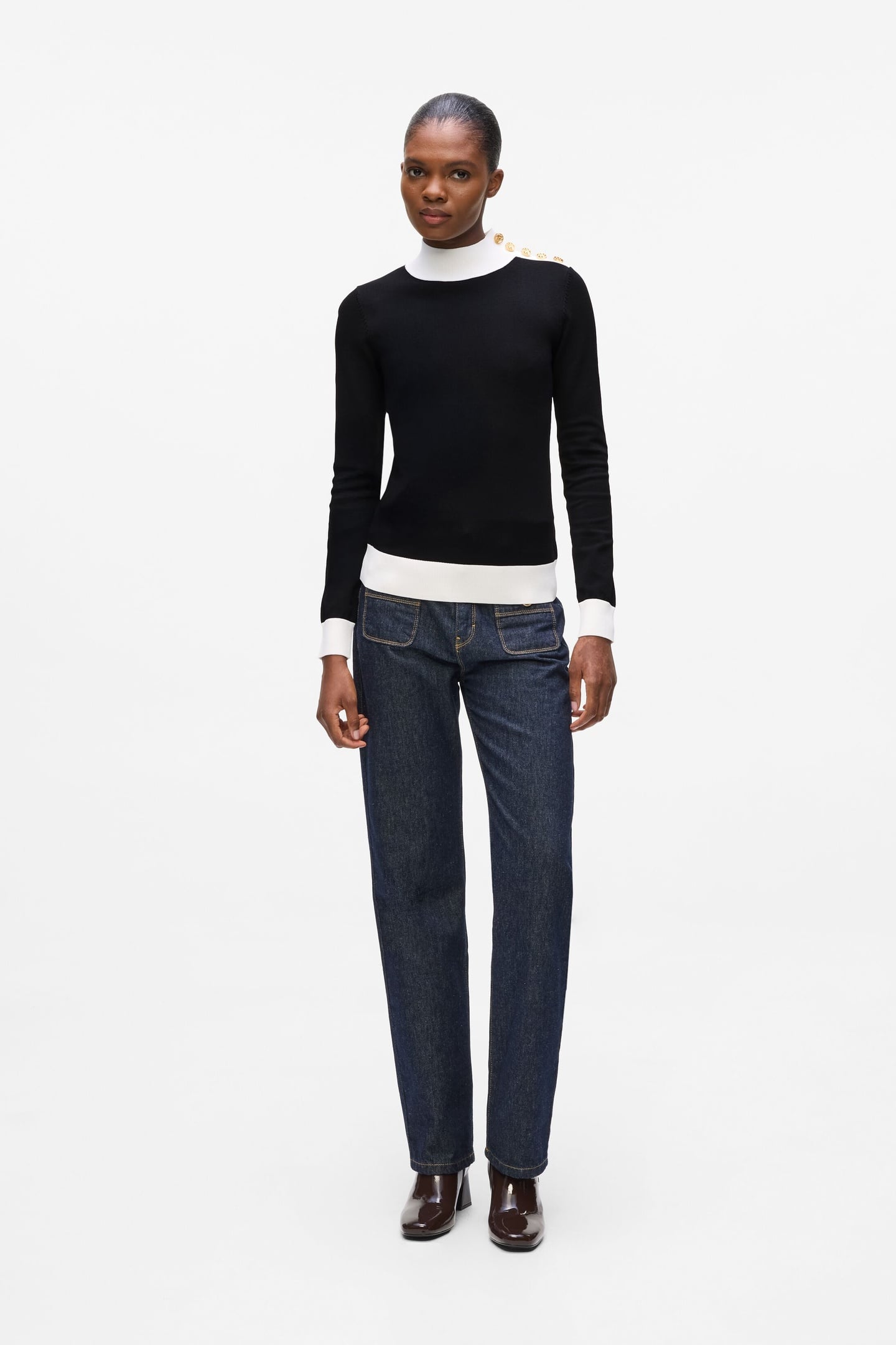 BUTTON DETAIL MOCK NECK BLACK 1