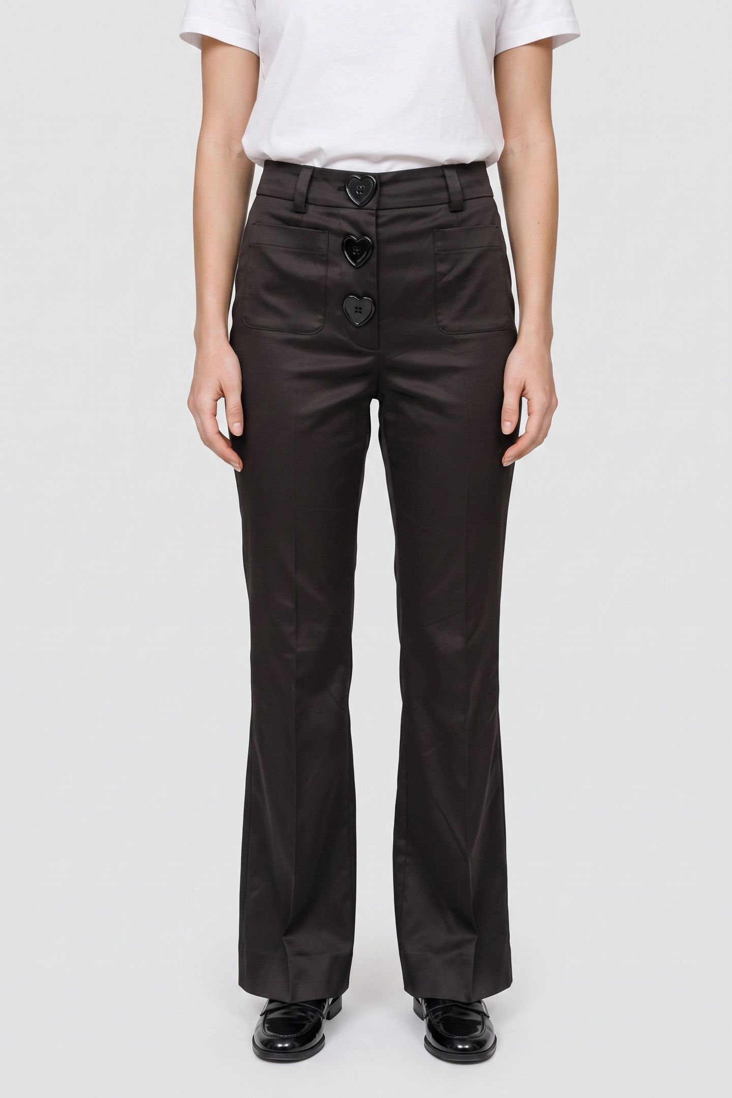 HEART BUTTONS STRETCH SATIN TROUSERS BLACK 1