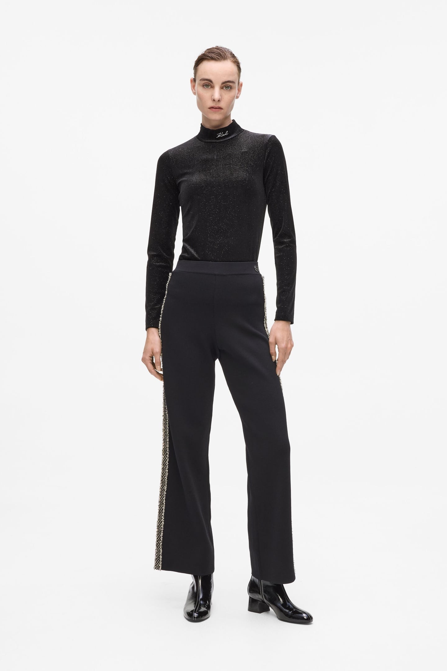 BOUCLE DETAIL KNIT PANTS BLACK 1
