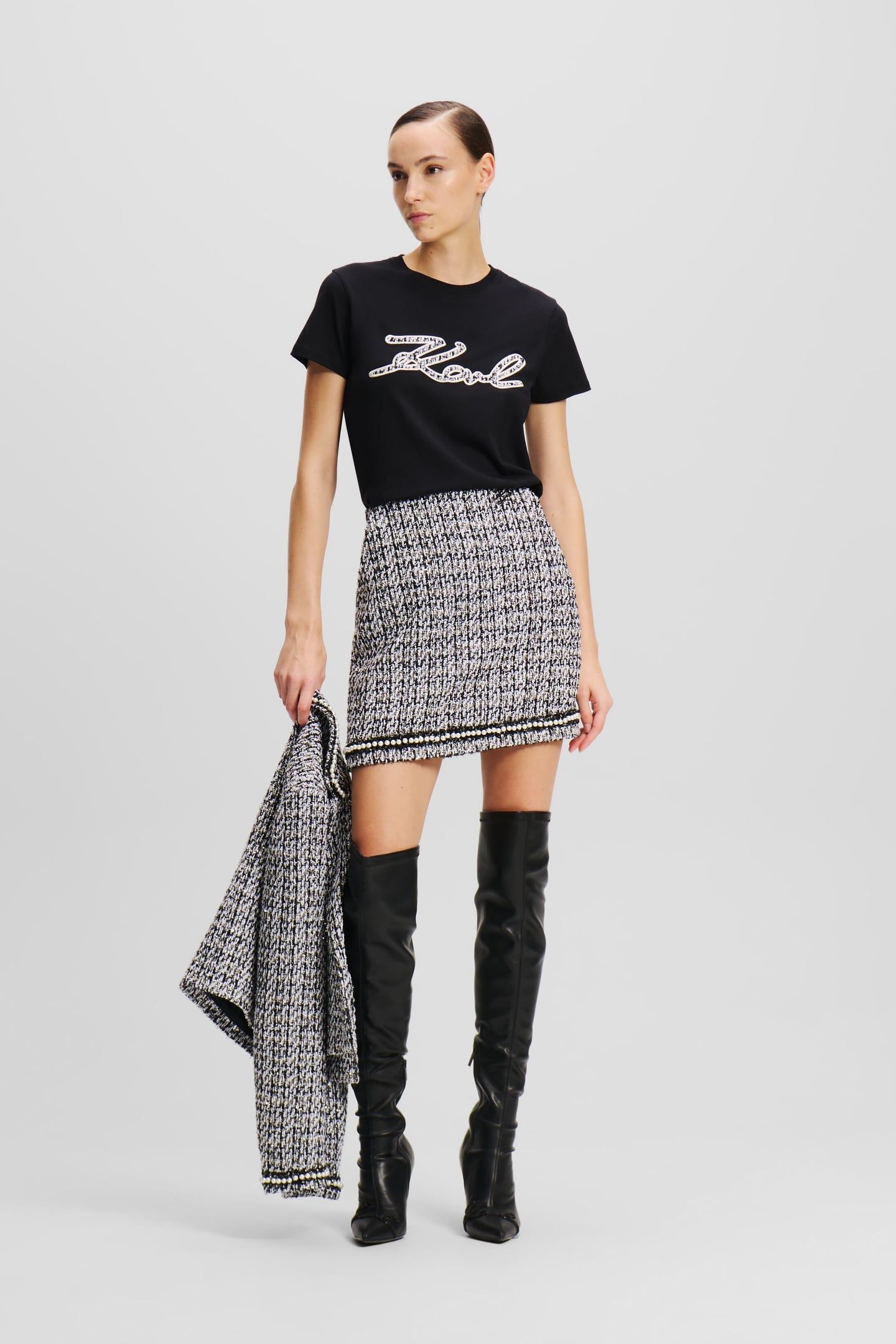 PEARL EMBELLISHED BOUCLE SKIRT BLACK/WHITE/SILVER 2