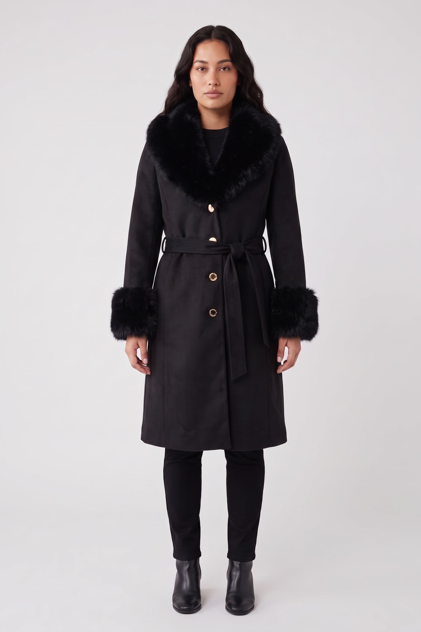 BELTED COAT WITH FUR DETAIL BLACK 1
