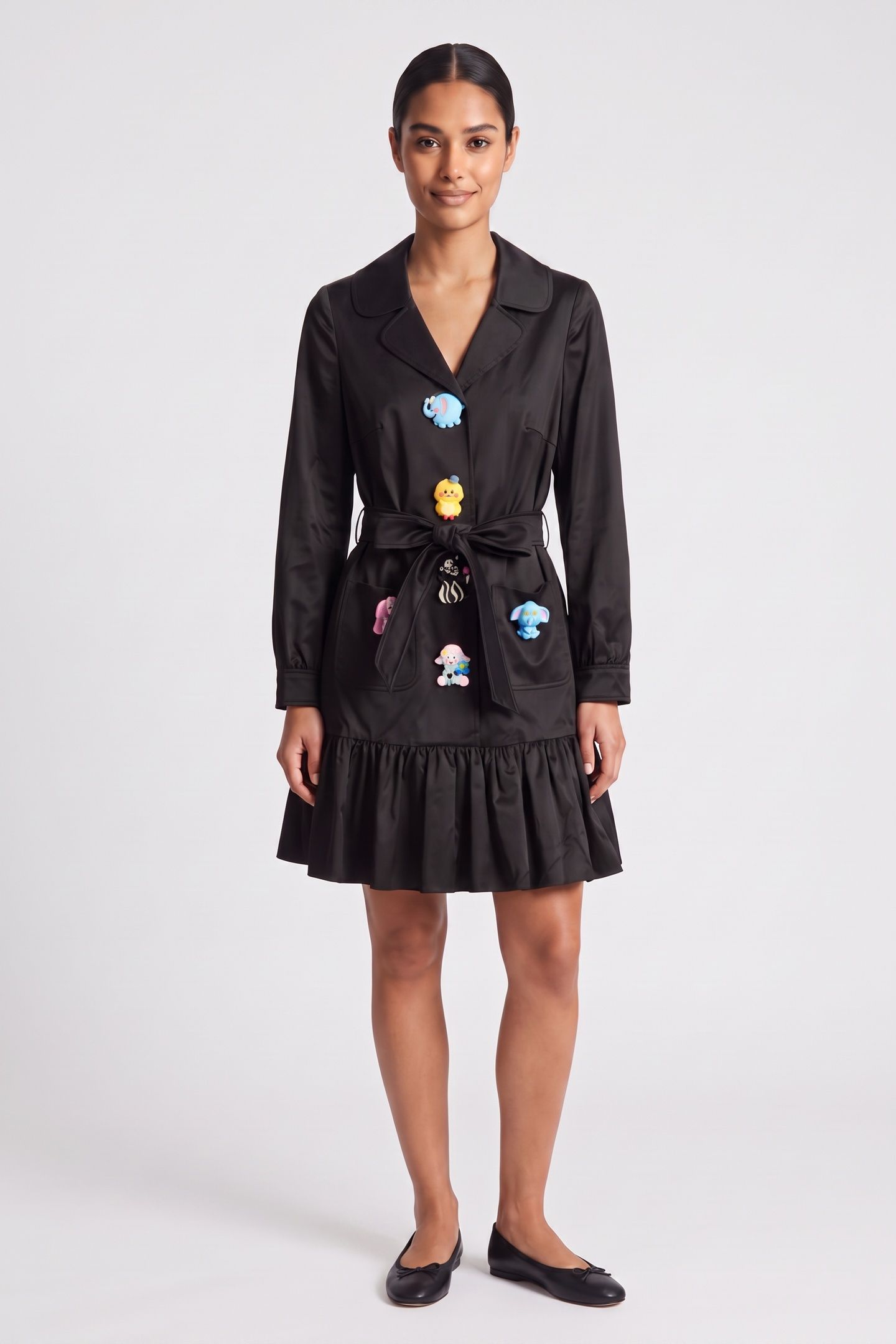 STRETCH SATIN DRESS TOY BUTTONS BLACK 1
