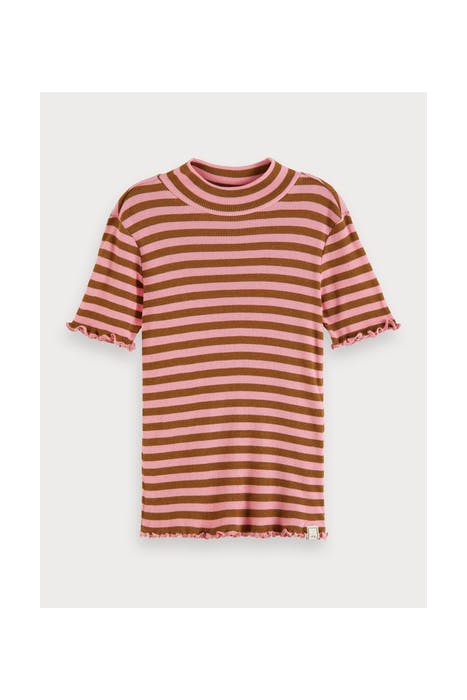 FITTED SHORT SLEEVE HIGH NECK TEE IN YARN DYED STRIPE COMBO  1