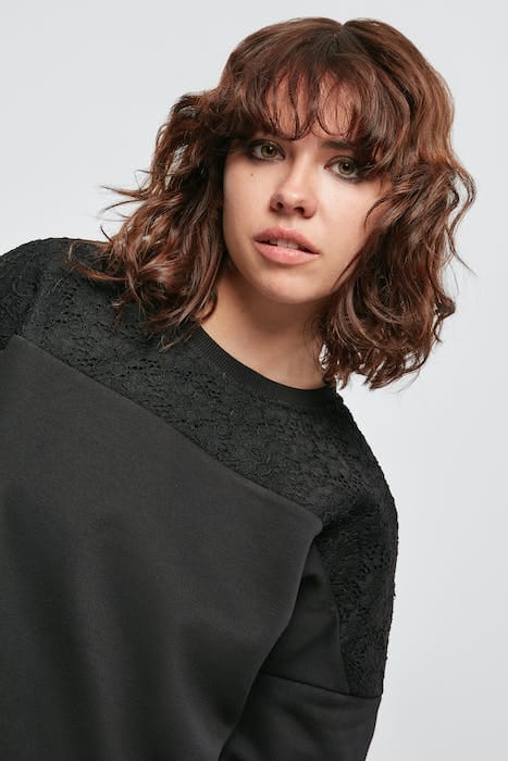 LADIES SHORT OVERSIZED LACE INSET CREW BLACK 7