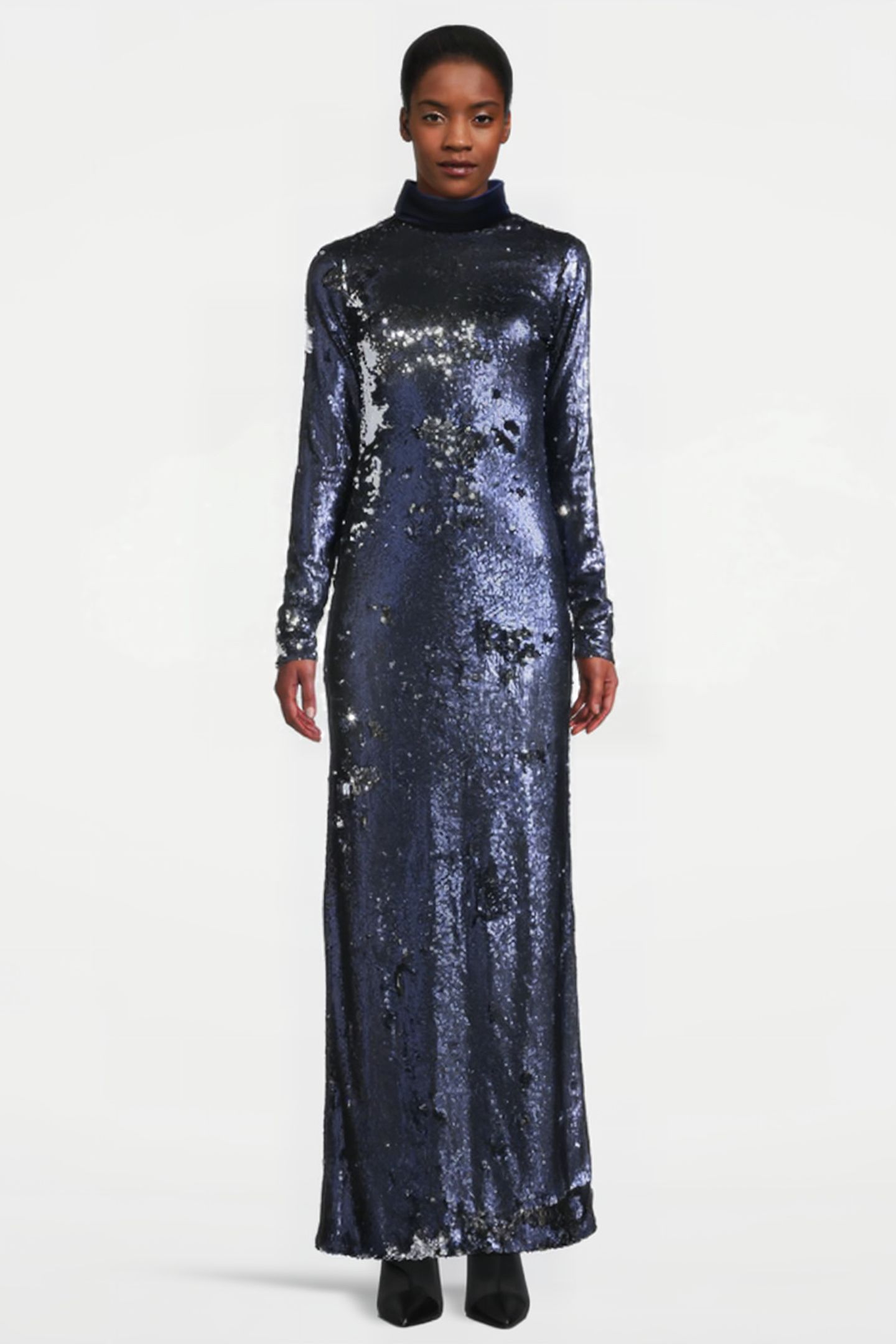 WOMEN‘S MAXI SEQUIN DRESS WITH HIGH COLLAR NAVY, SILVER 1