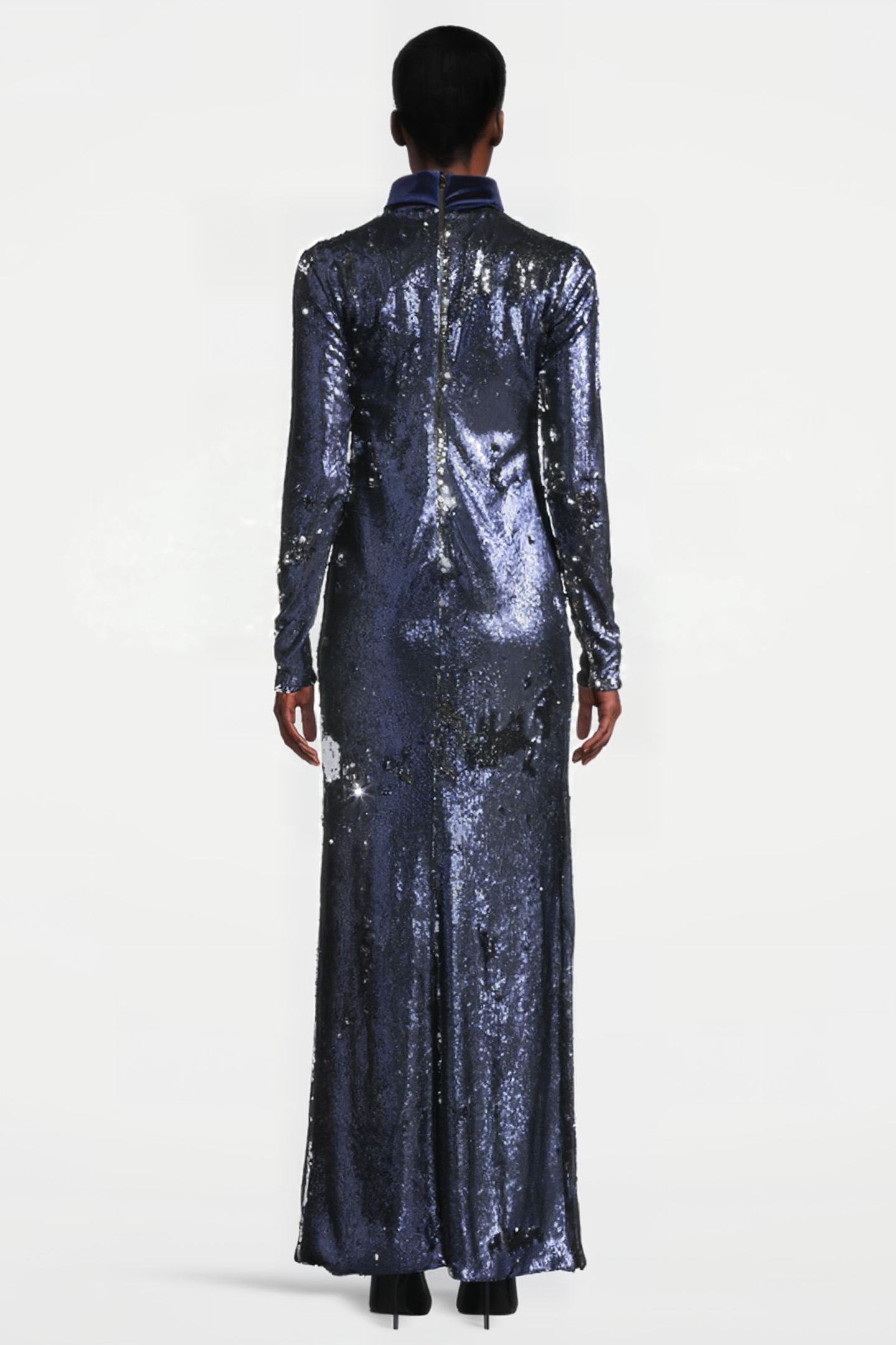 WOMEN‘S MAXI SEQUIN DRESS WITH HIGH COLLAR NAVY, SILVER 2