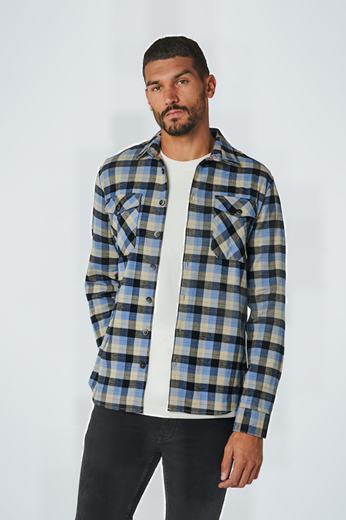 SHIRT STRETCH CHECK RESPONSIBLE CHOICE COTTON DUSTY BLUE 2