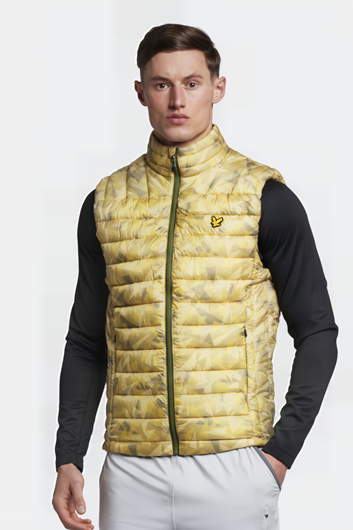 LIGHTWEIGHT QUILTED COLLAR GILET BAY GREEN PRINT 1