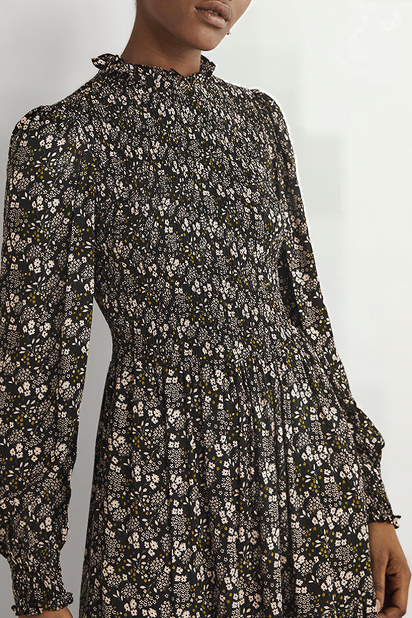 SMOCKED TIERED MIDI DRESS BLK 4