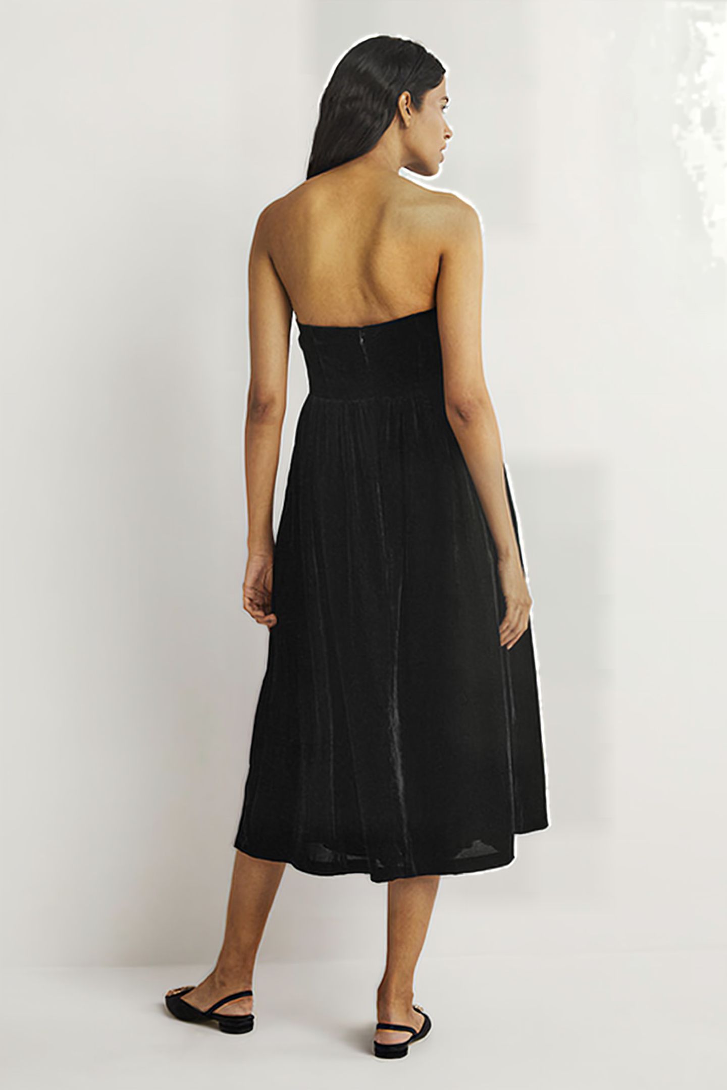 STRAPLESS VELVET MIDI DRESS BLK 2