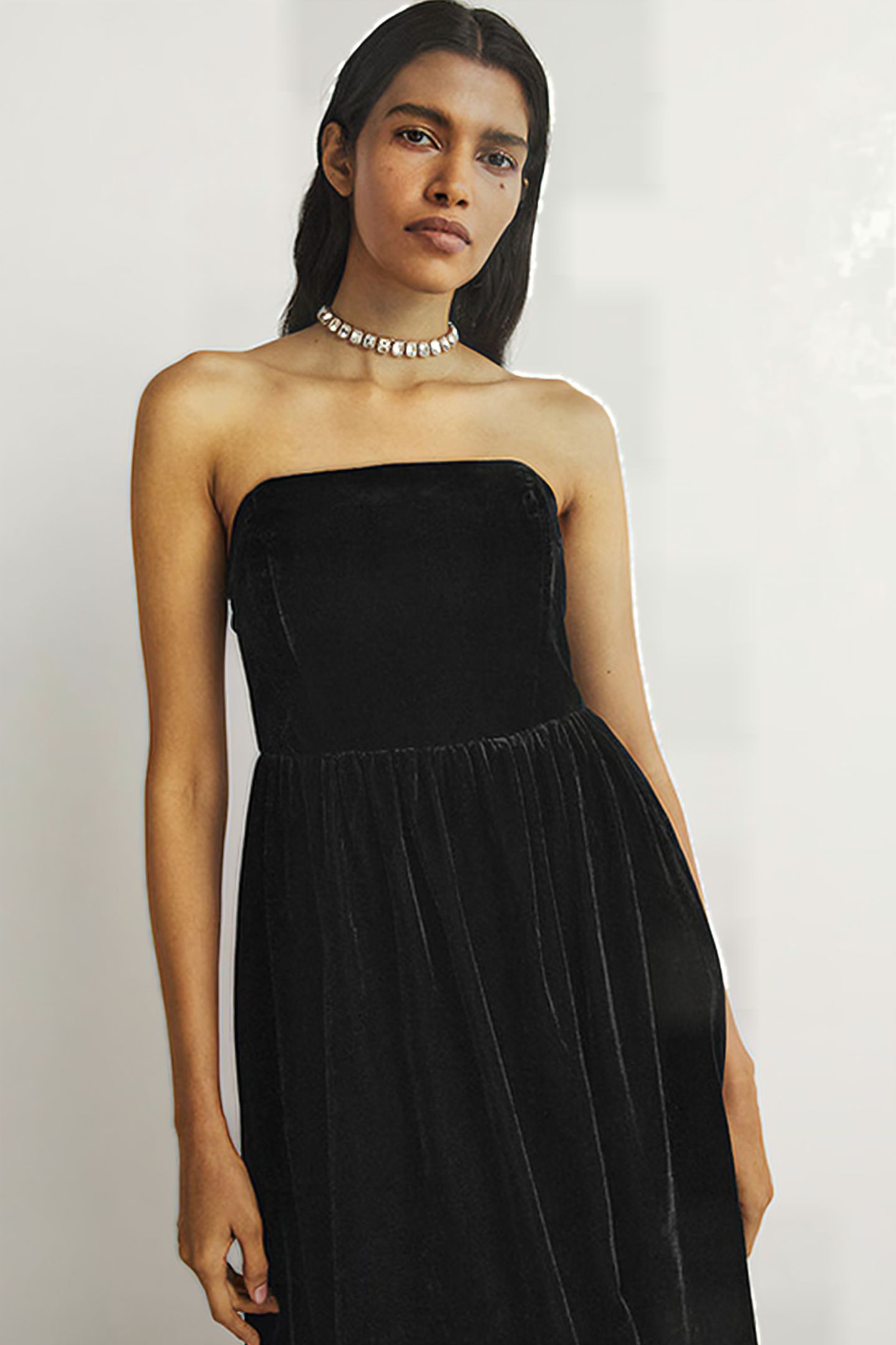 STRAPLESS VELVET MIDI DRESS BLK 3