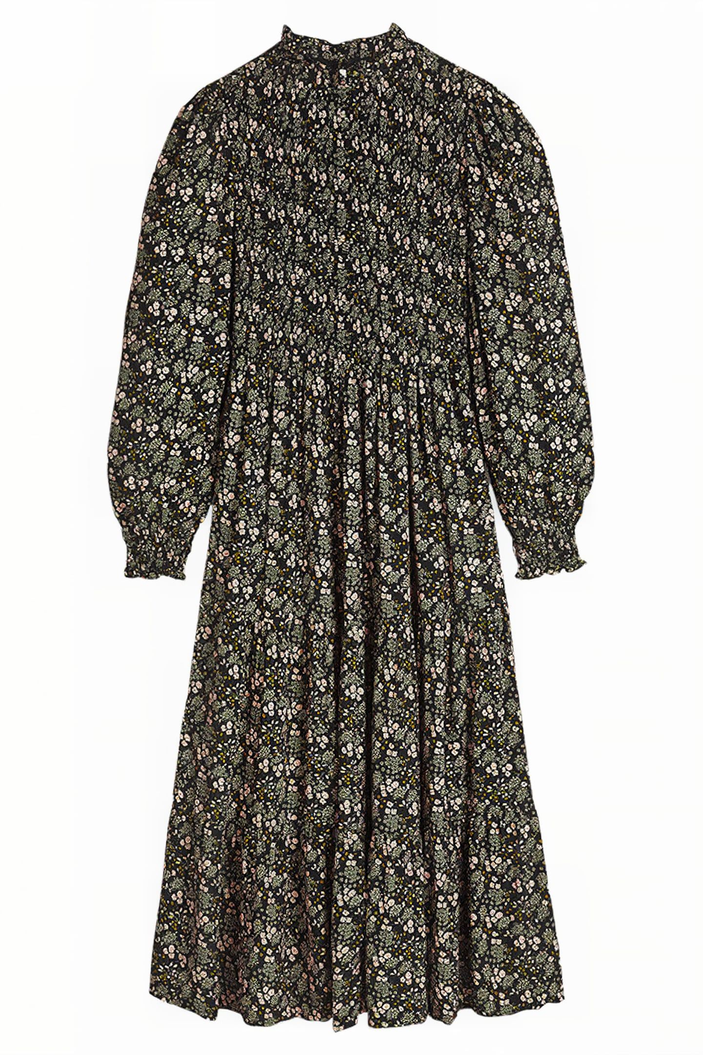 SMOCKED TIERED MIDI DRESS BLK 5