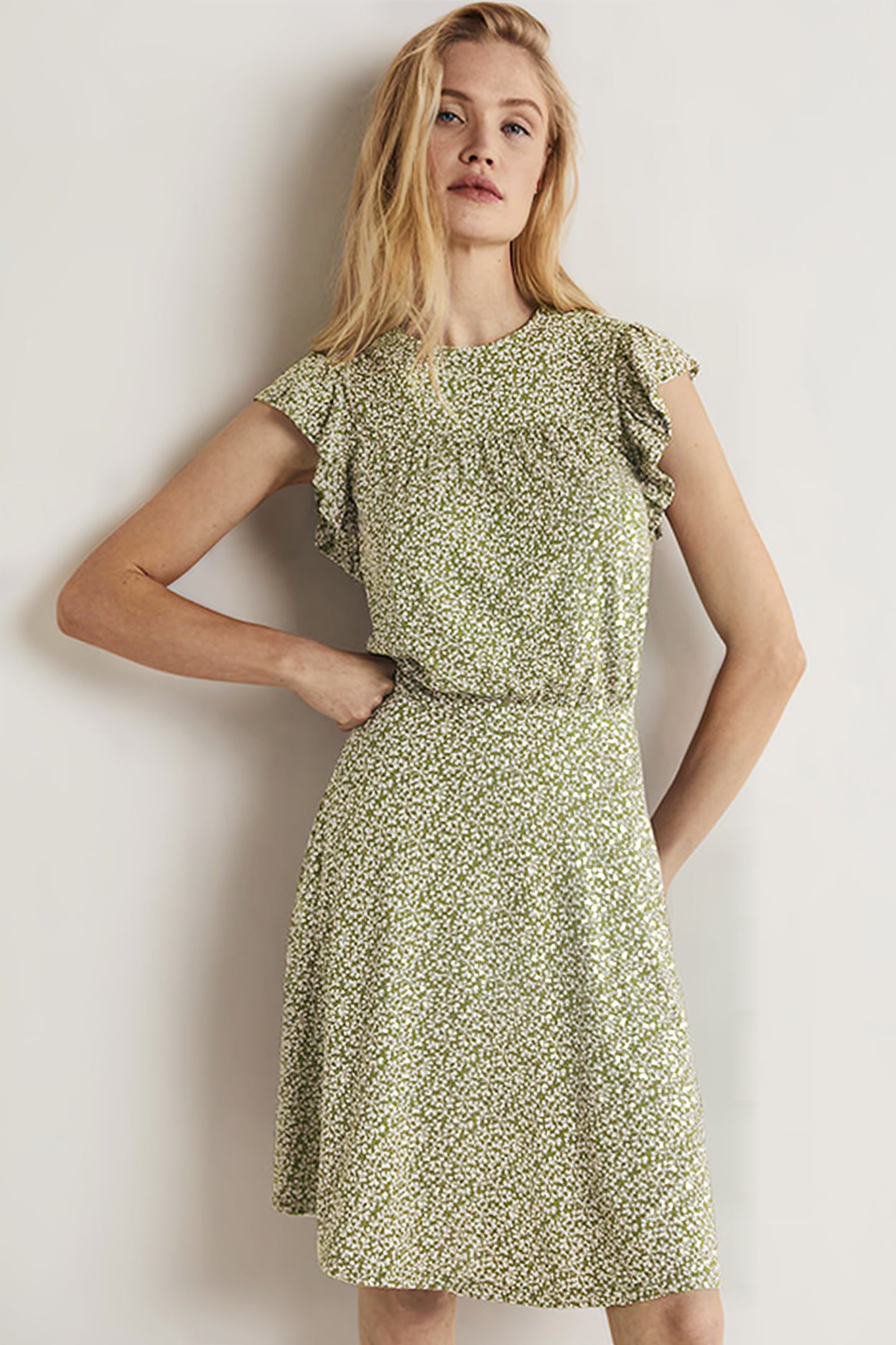 RUFFLE PRINTED MINI DRESS GRN 1
