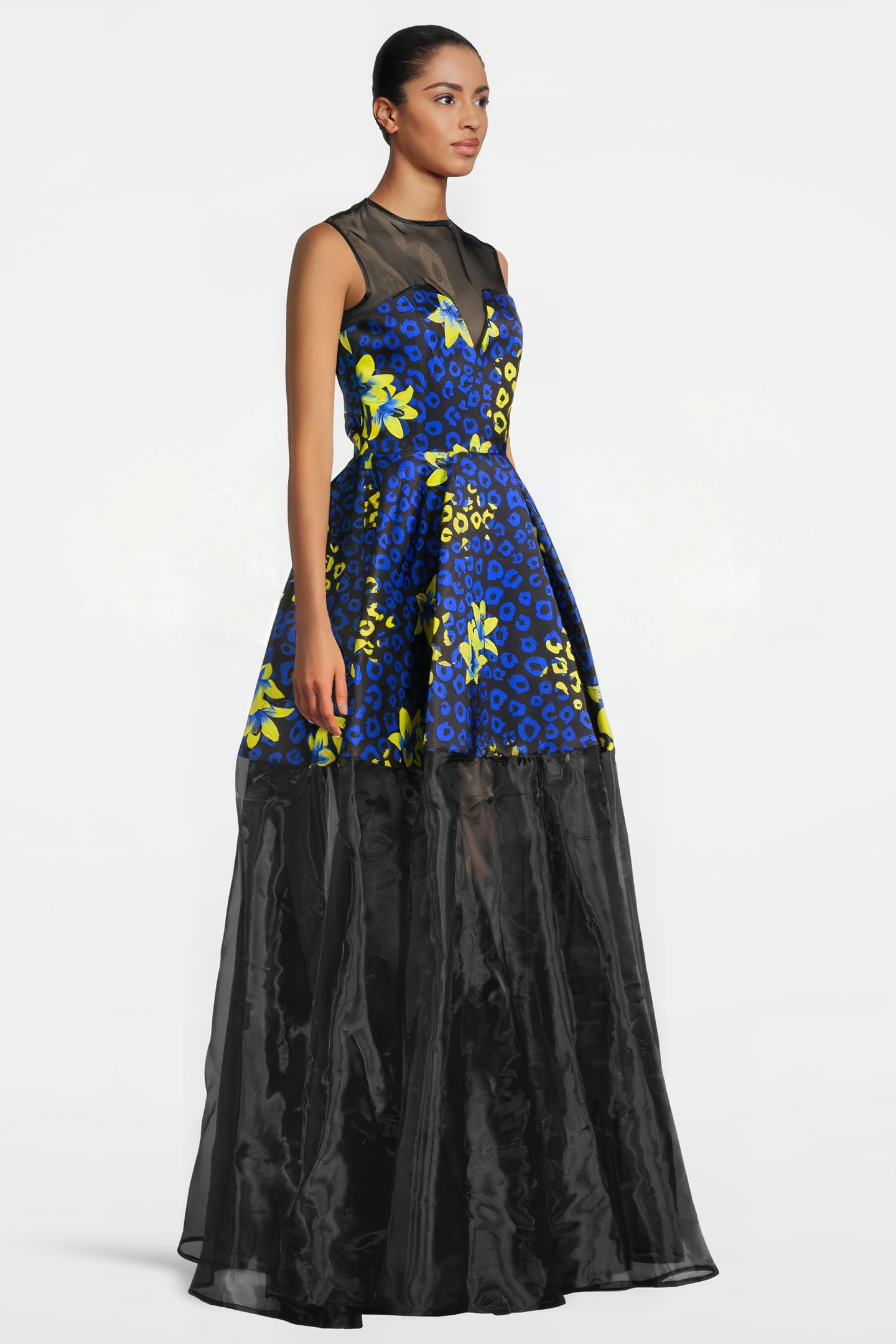 WOMEN‘S FLORAL FABRIC EVENING GOWN BLUE LILLY PRINT/ BLACK 4