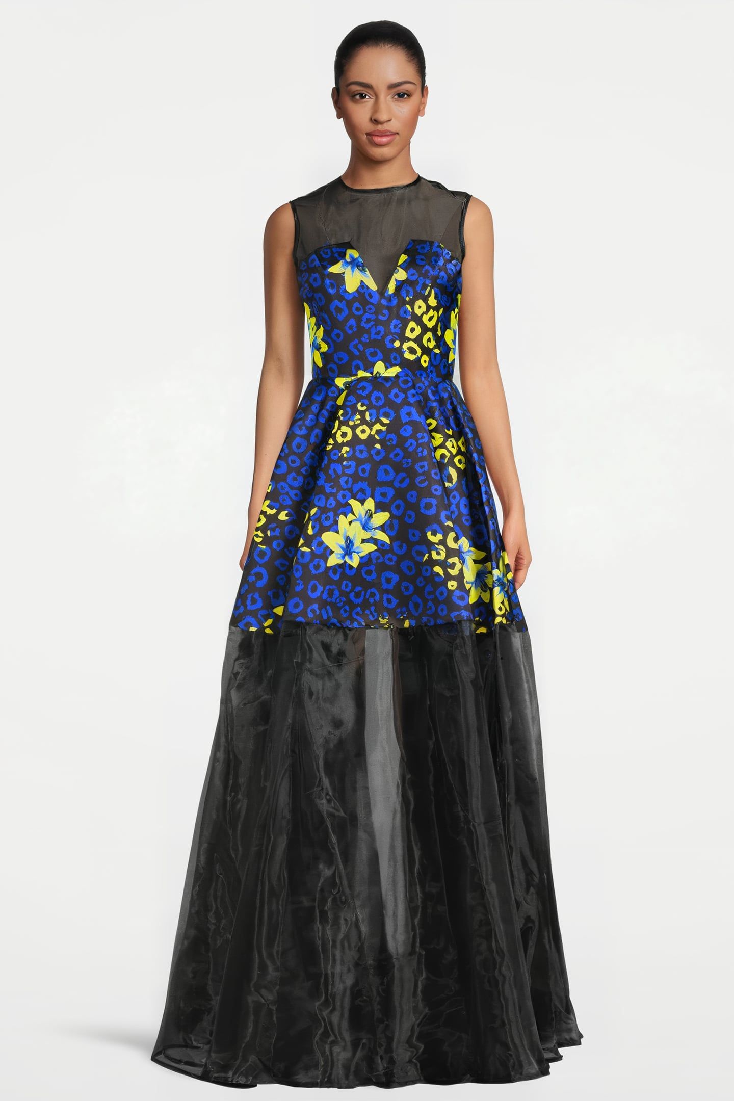 WOMEN‘S FLORAL FABRIC EVENING GOWN BLUE LILLY PRINT/ BLACK 1