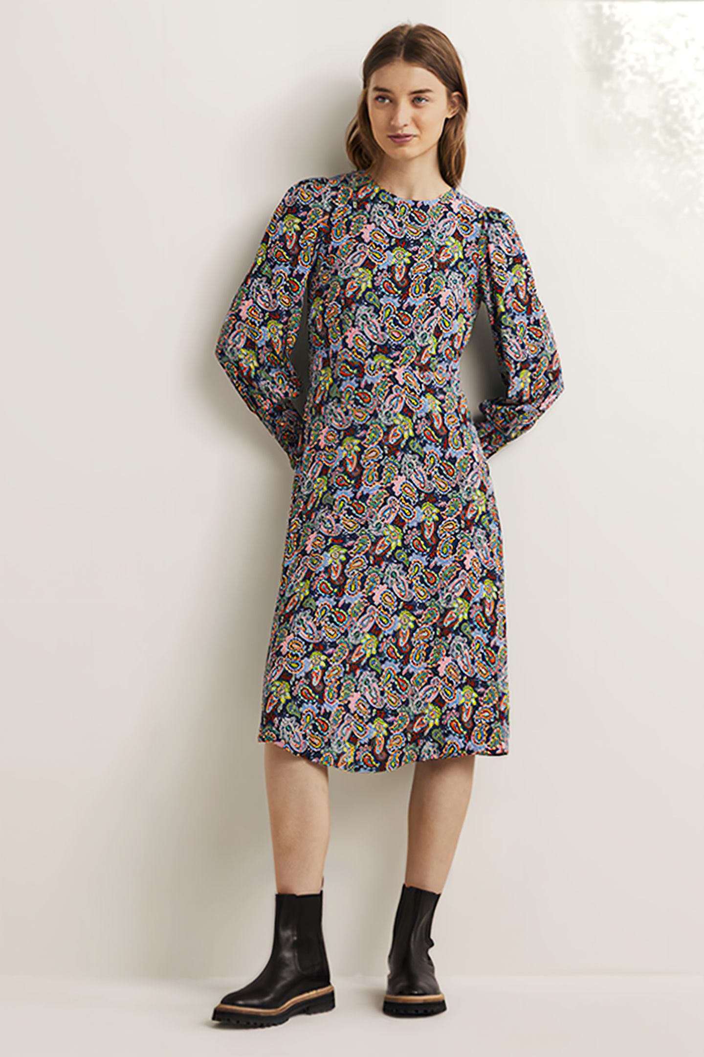 SMOCKED CUFF MIDI DRESS NVY 1