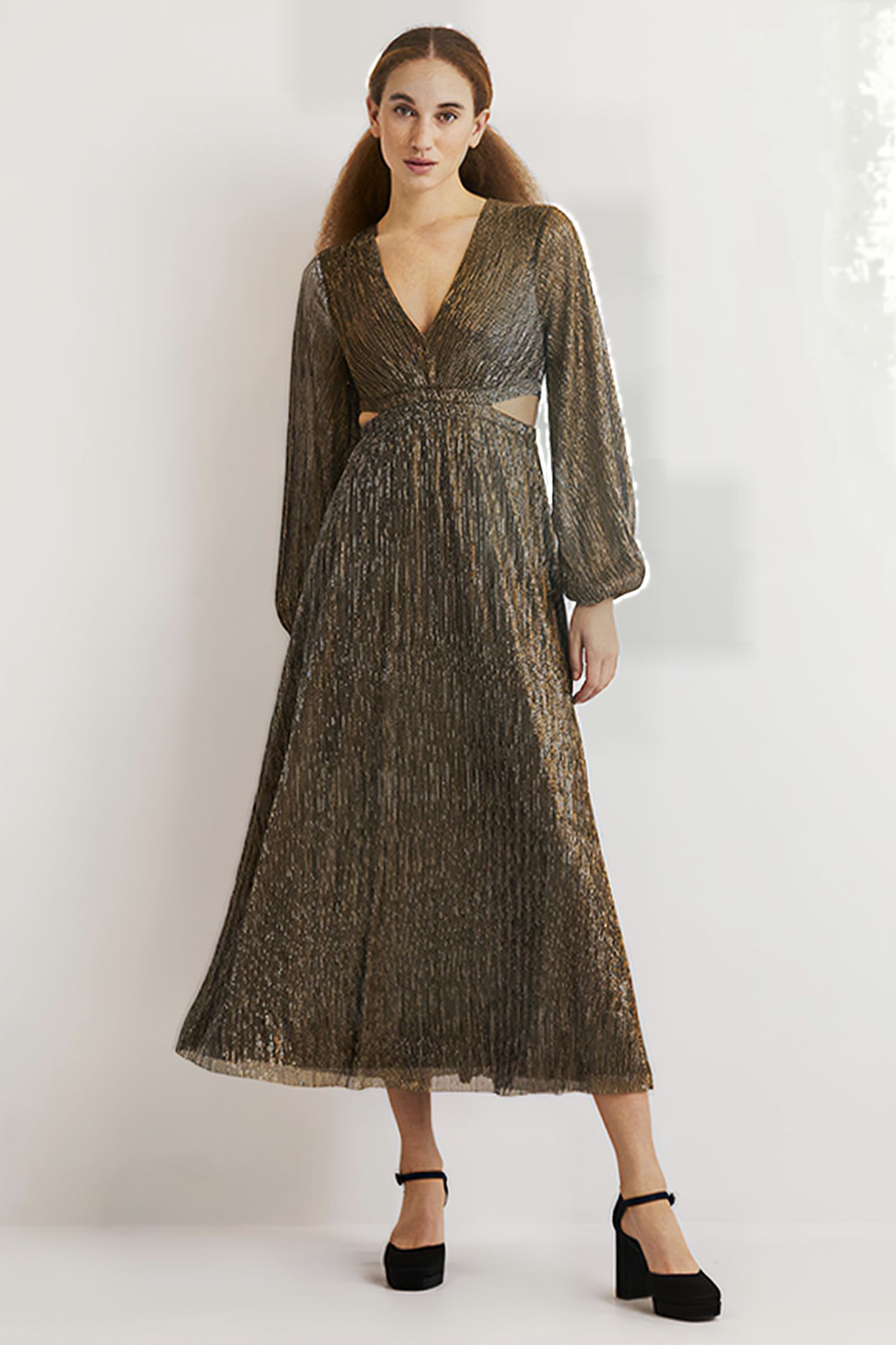 METALLIC CUT-OUT MAXI DRESS GLD 1