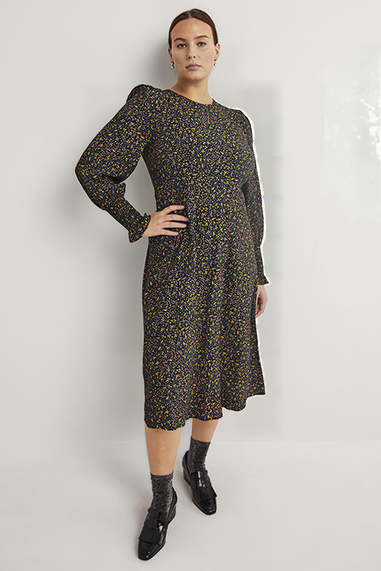 SMOCKED CUFF MIDI DRESS BLK 3