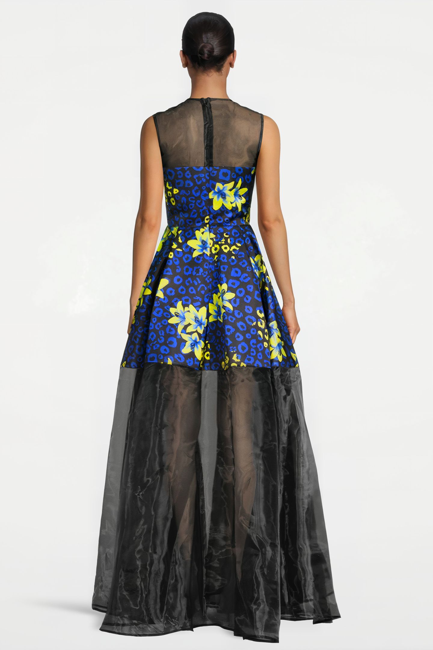 WOMEN‘S FLORAL FABRIC EVENING GOWN BLUE LILLY PRINT/ BLACK 2