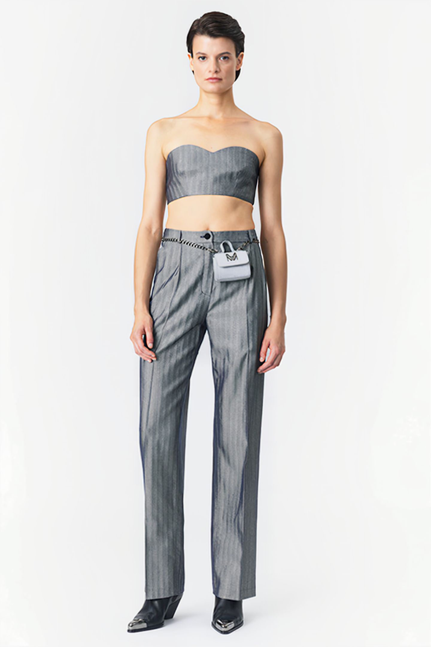 STRAPLESS BUSTIER TOP SILVER HERRINGBONE 1