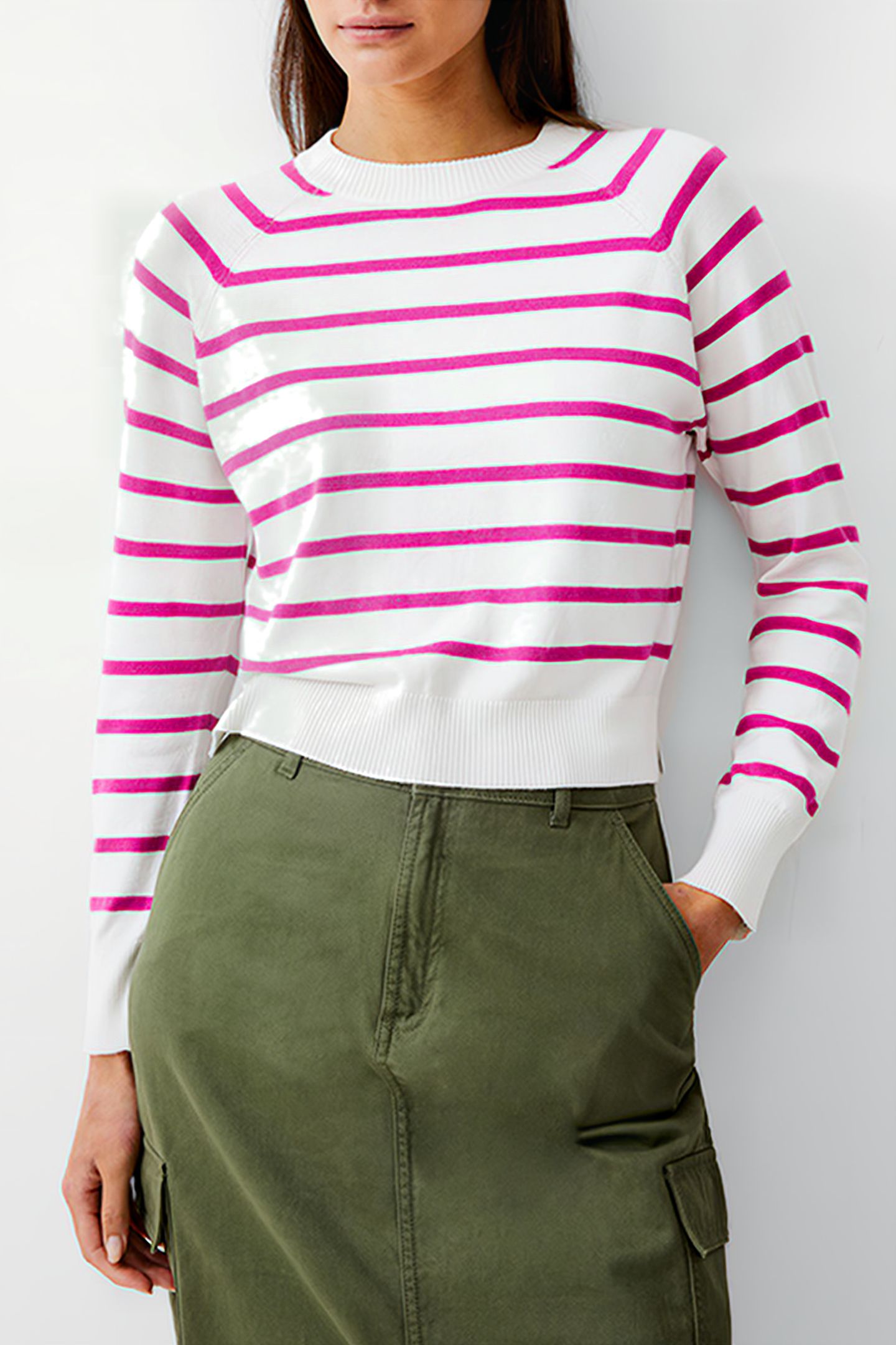 CORE RAGLAN STRIPE CREW IVORY/WILD ROSA 1