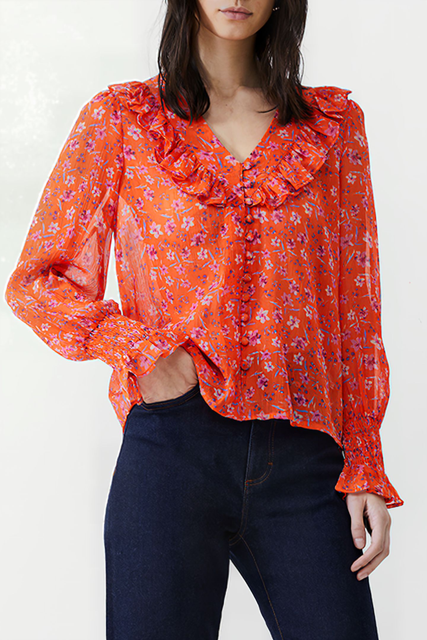 CAMILLE FRILL SHIRRED SLV TOP MANDARIN 1