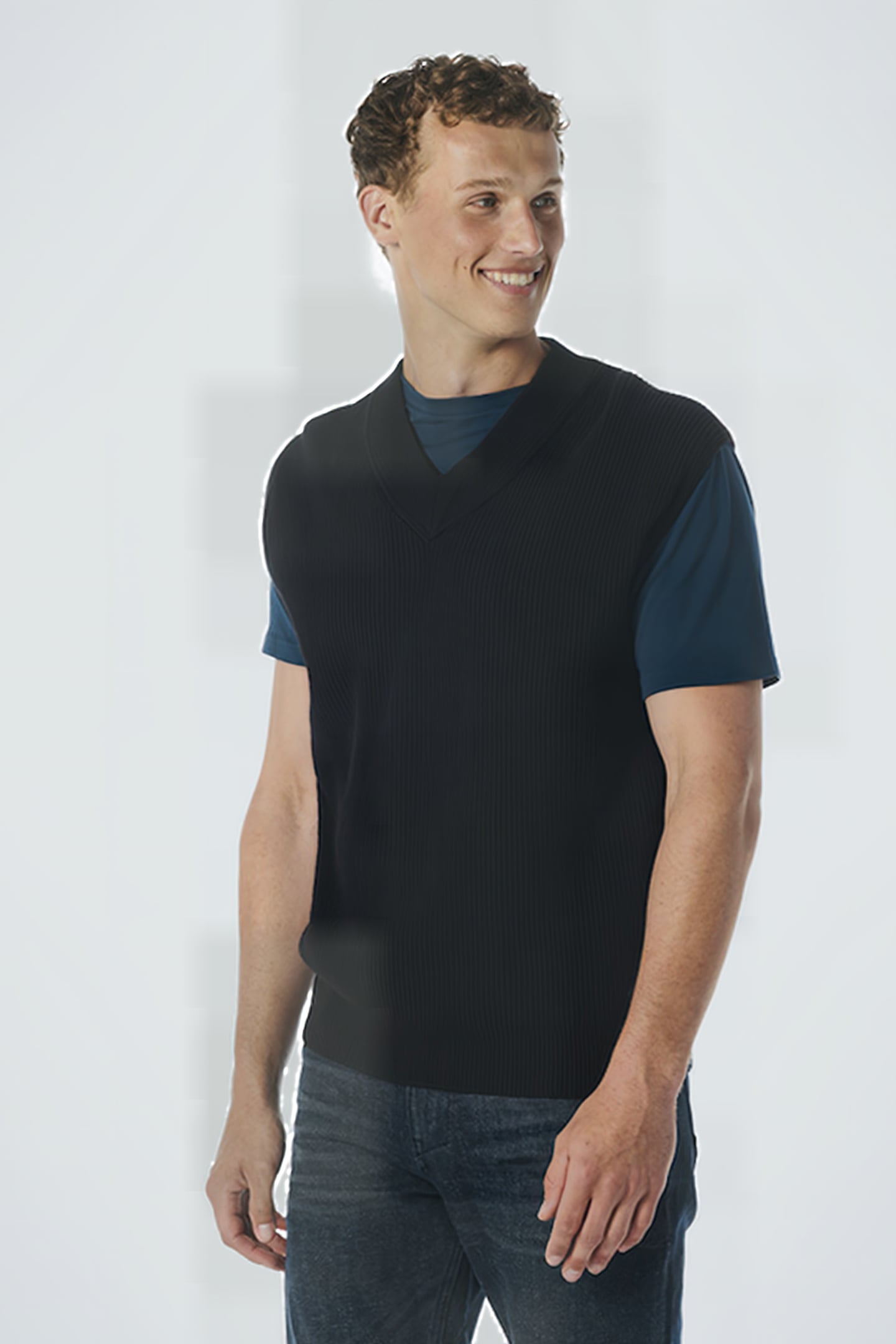 SPENCER V-NECK RELIEF RIB JACQUARD WITH WOOL BLACK 1