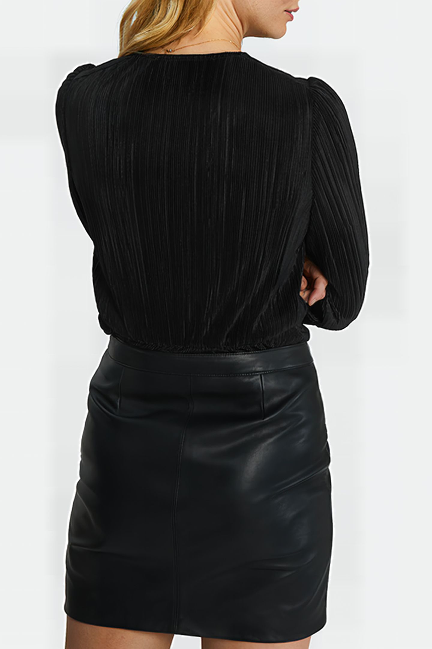 BLACK MICRO-PLEAT WRAP BLOUSE 2