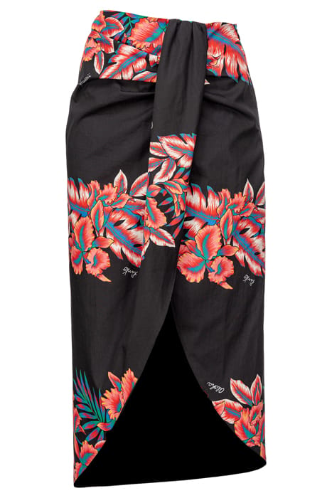 GIREVOLE GONNA POPELINE STAMPA RIGA TROPICALE BLACK/RED MULT 1