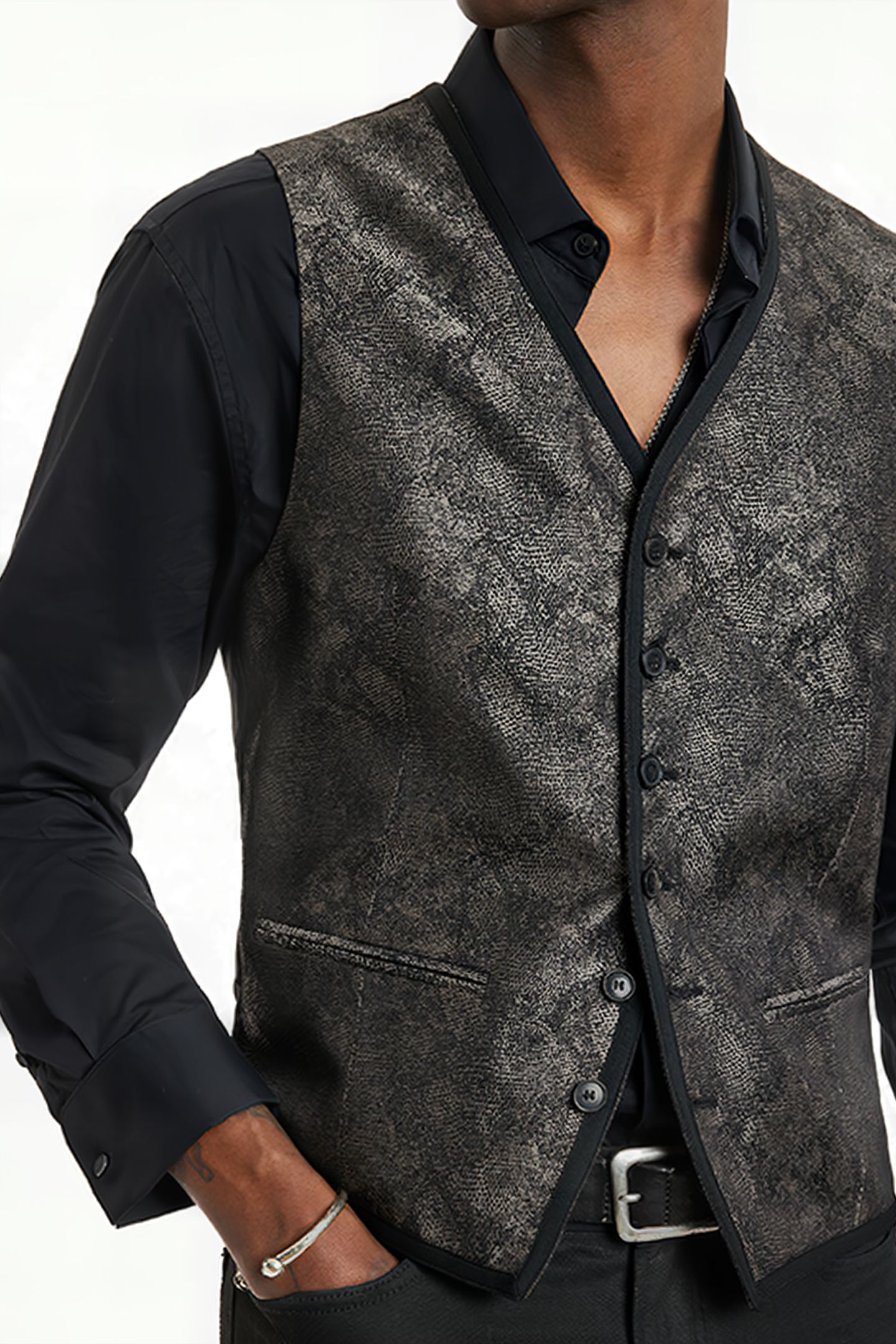 BUTTON FRONT CLOSURE VEST WITH SATIN TAP ALMOND 3