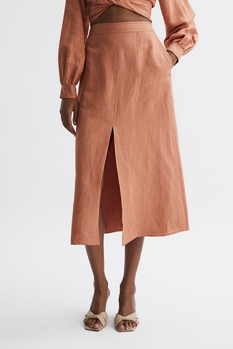 AXELLE LINEN MIDI SKIRT — RUST 1